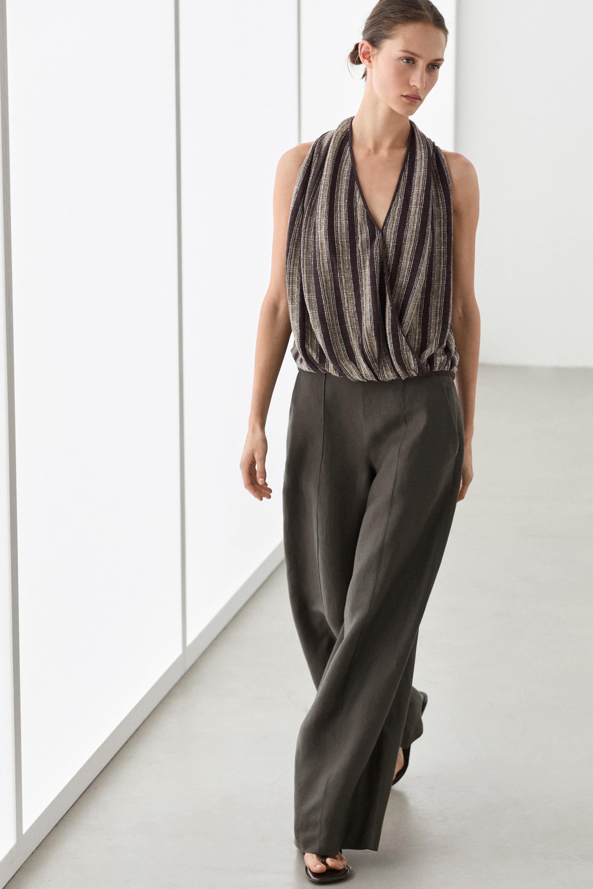 Surplice top with striped detail — BROWN