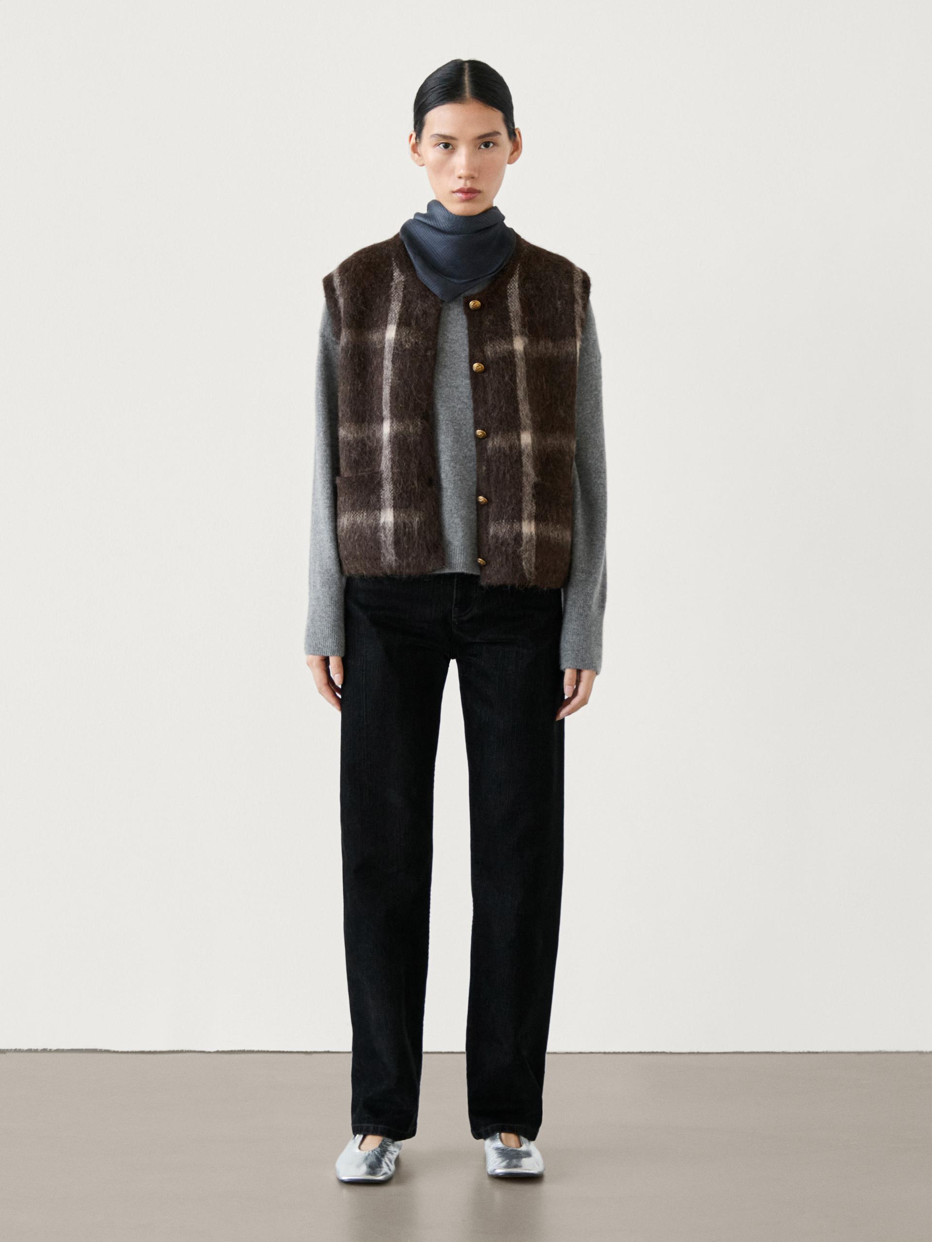 Dzianinowa Kamizelka W Kratę Z Mieszanki Wełny - Brązowy - M - Massimo Dutti - Kobieta