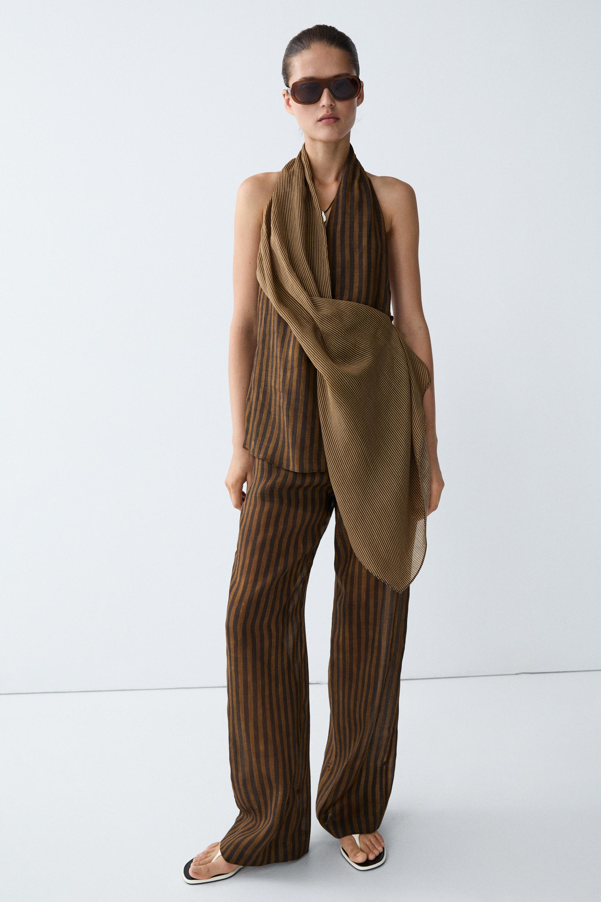 Total look flowing striped pants with button hem — DARK KHAKI