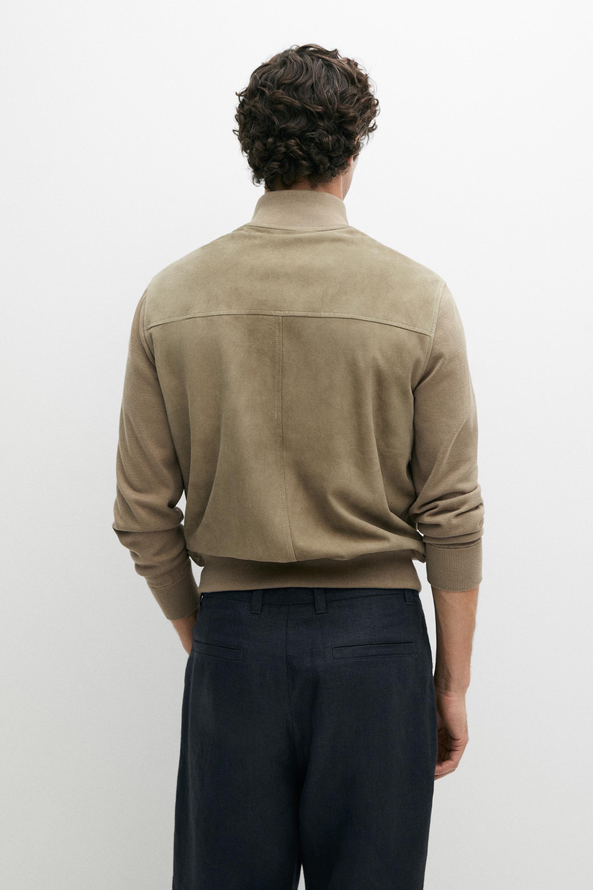 Contrast knit and suede leather jacket — PALE KHAKI