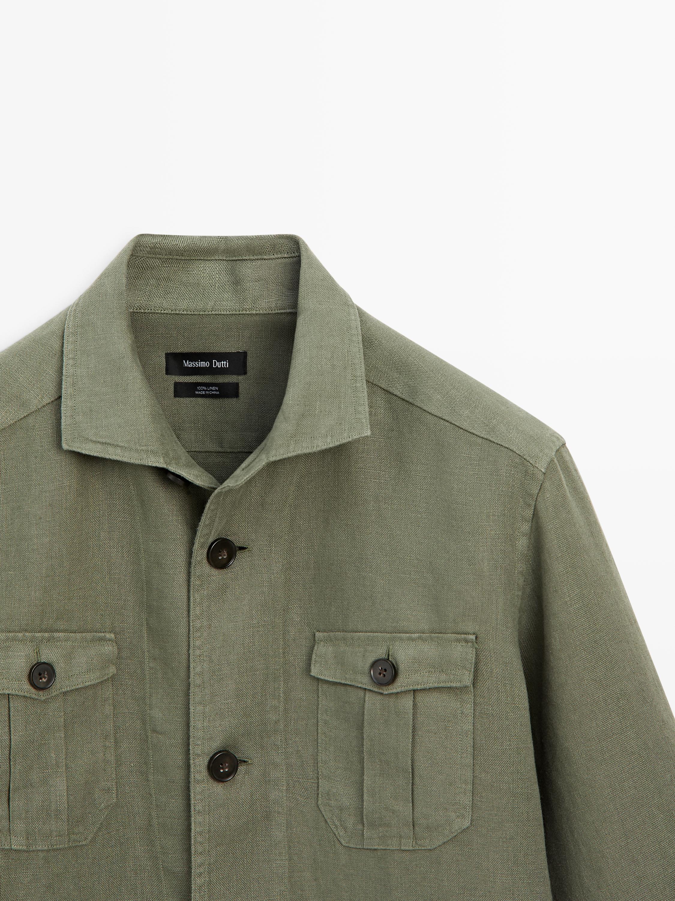 Heavy linen overshirt with pocket details — DARK GREEN