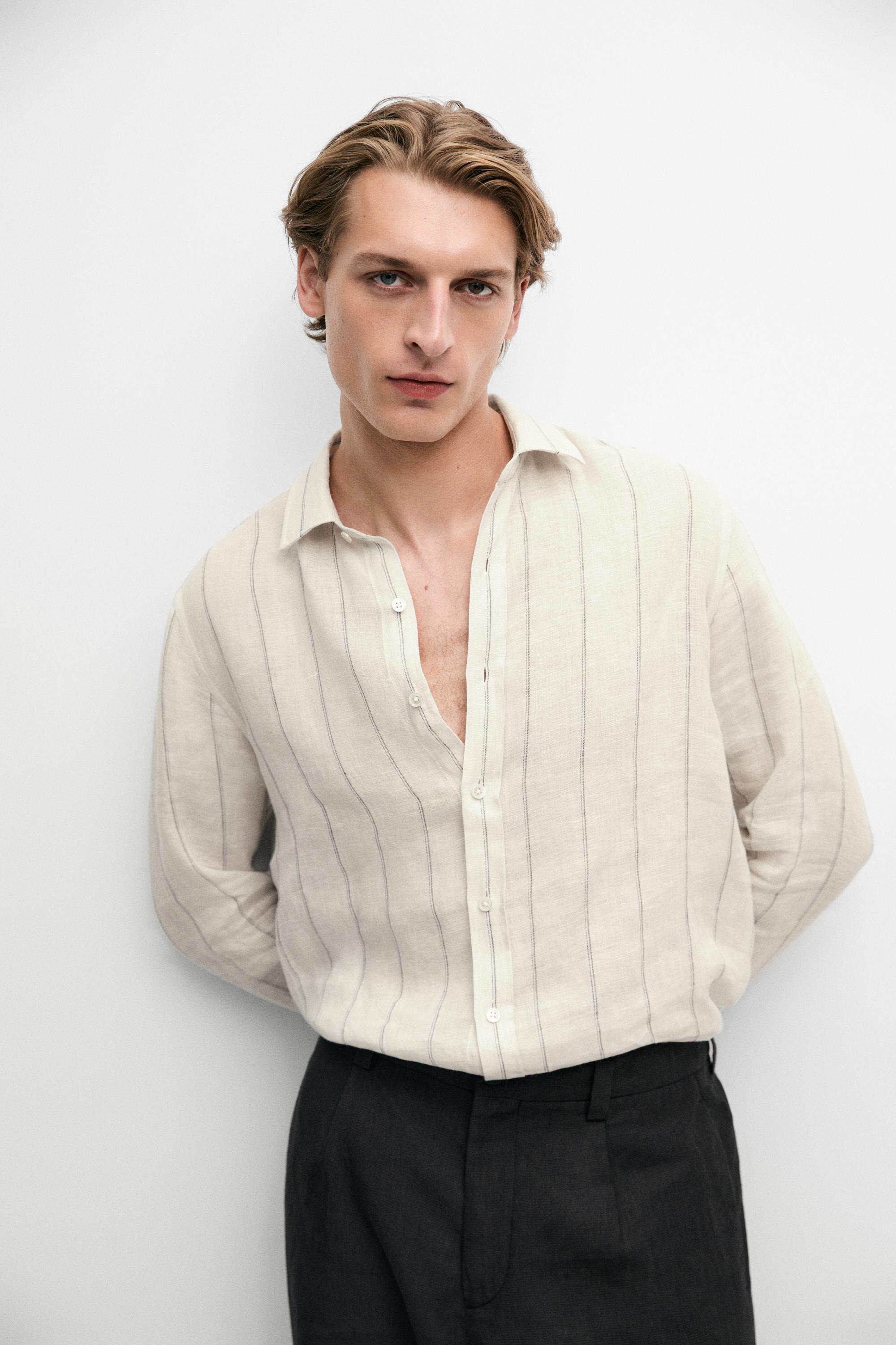 100% linen regular fit striped shirt — CREAM