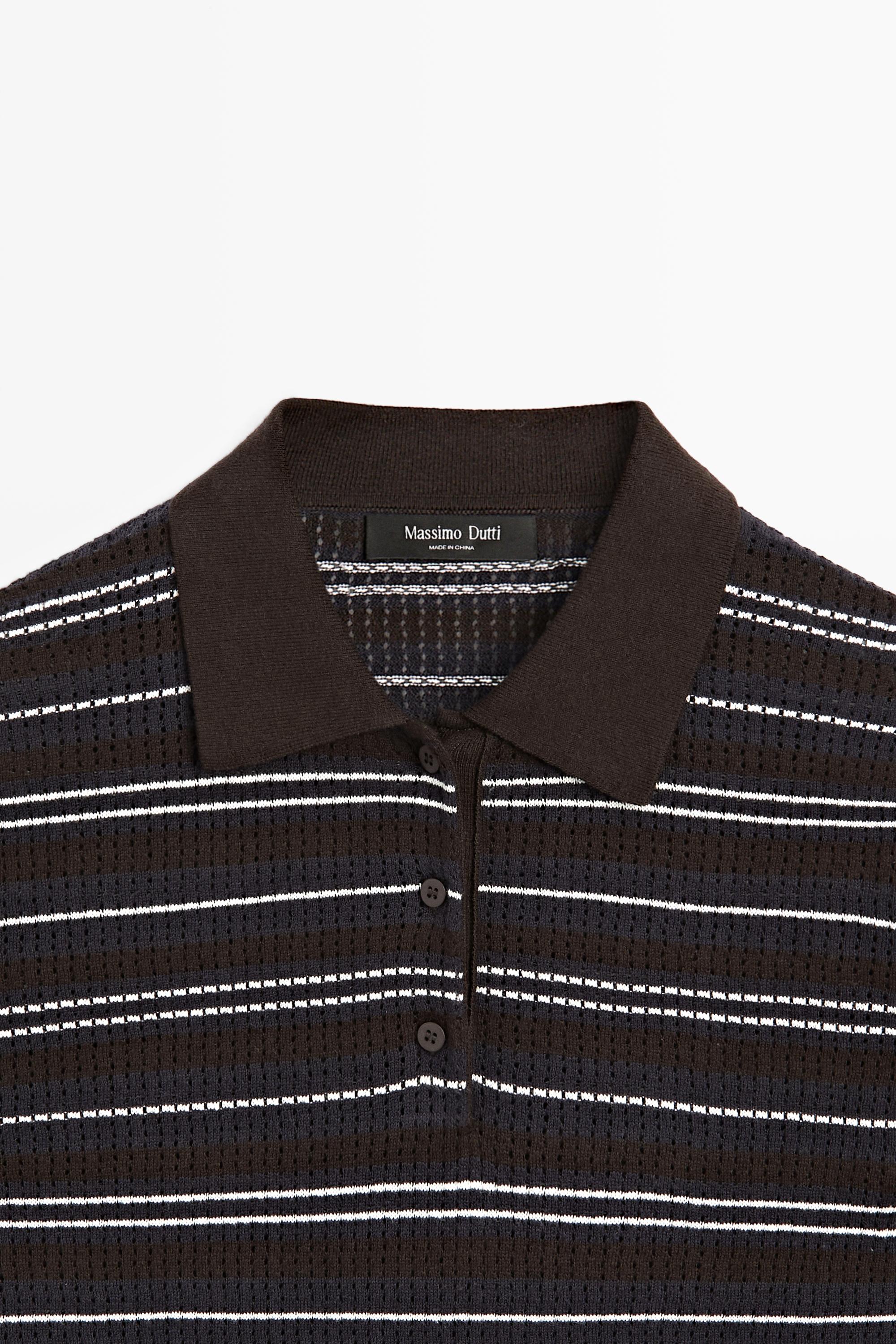 Cotton blend striped open-knit polo shirt — BLUE