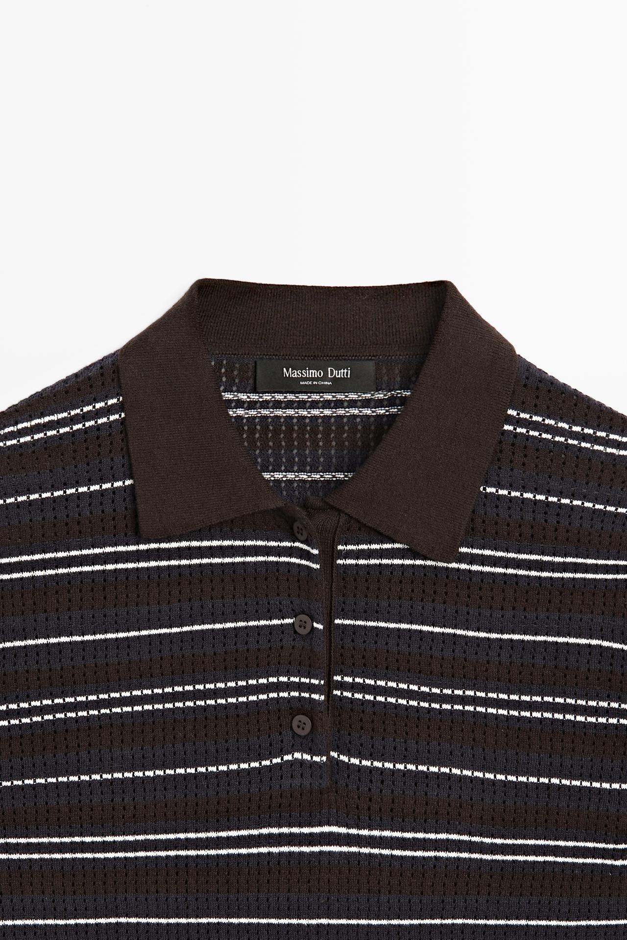 Cotton blend striped open-knit polo shirt — BLUE