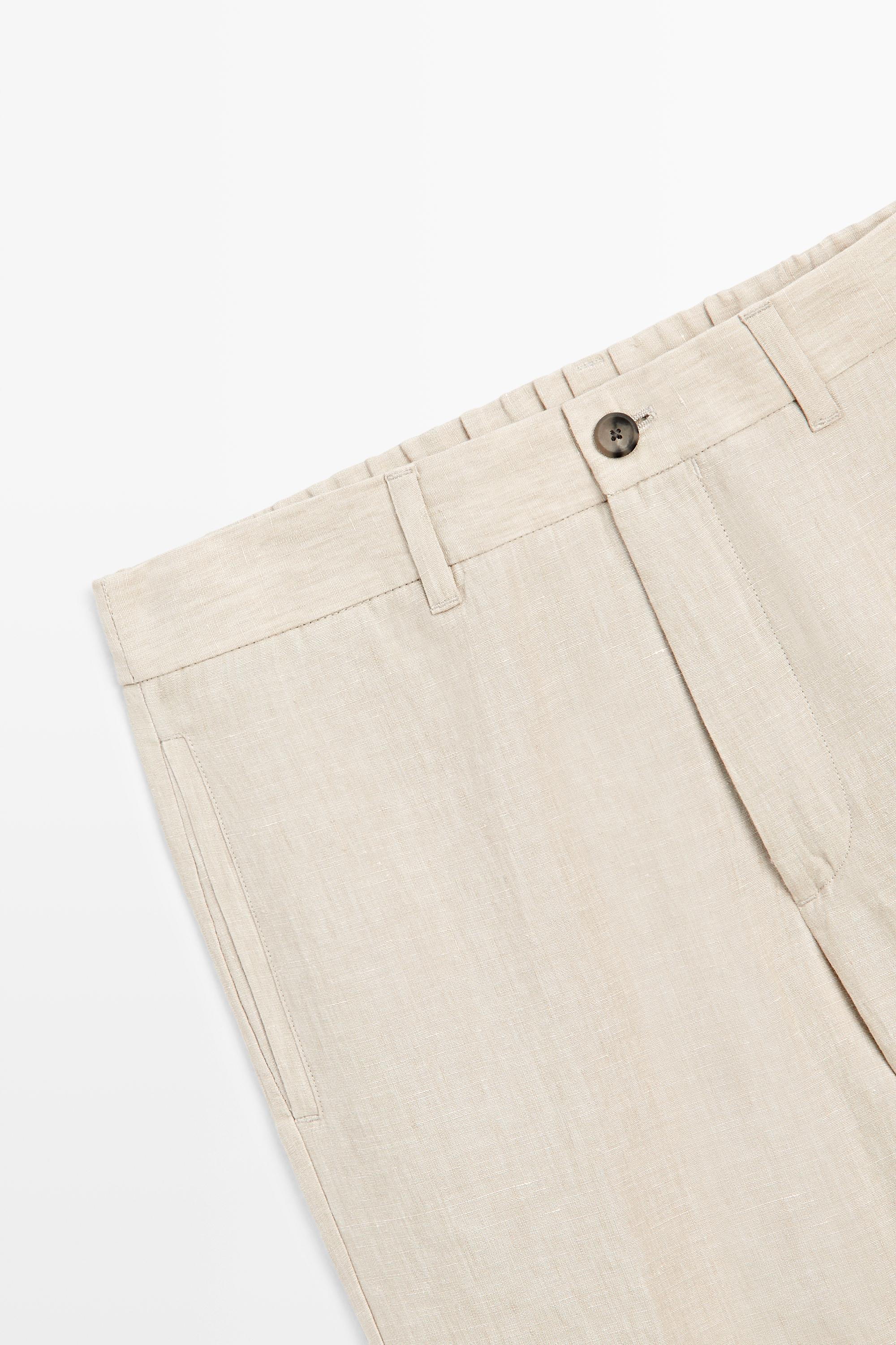 100% Linen Elastic-Waist Pants — BEIGE