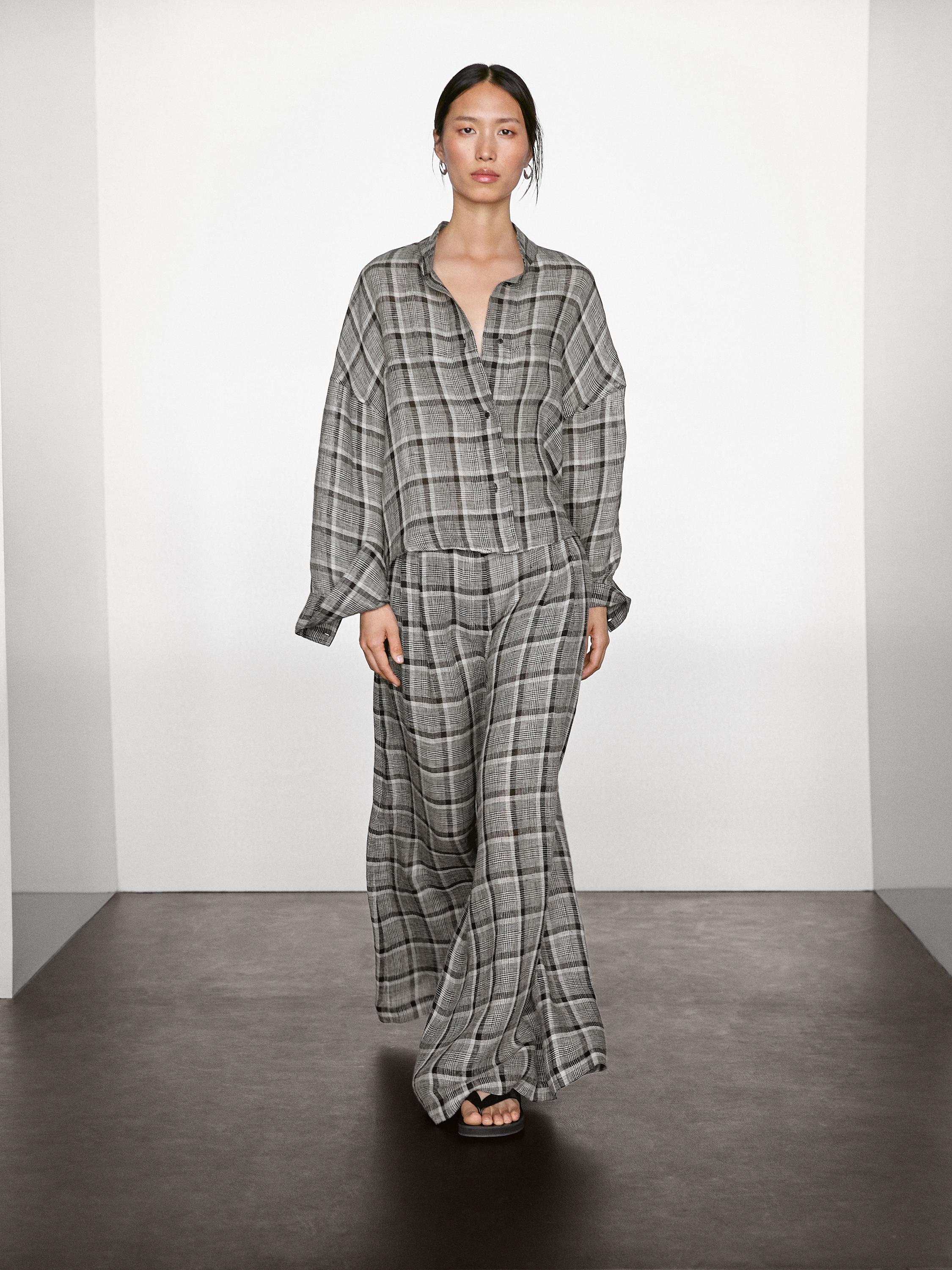 100% linen check palazzo trousers