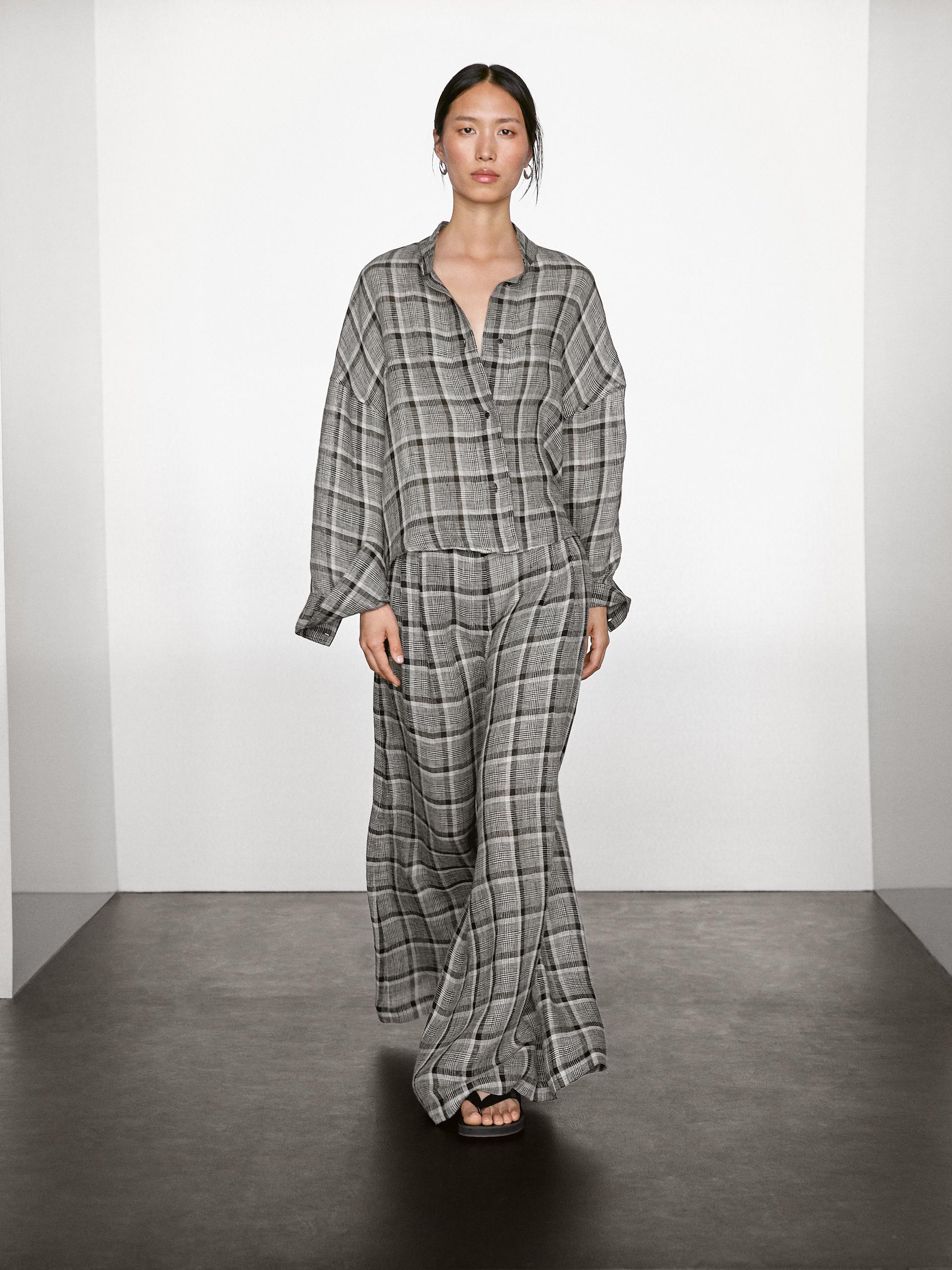 Lniane Spodnie Palazzo W Kratkę - Beżowy - 36 - Massimo Dutti - Kobieta