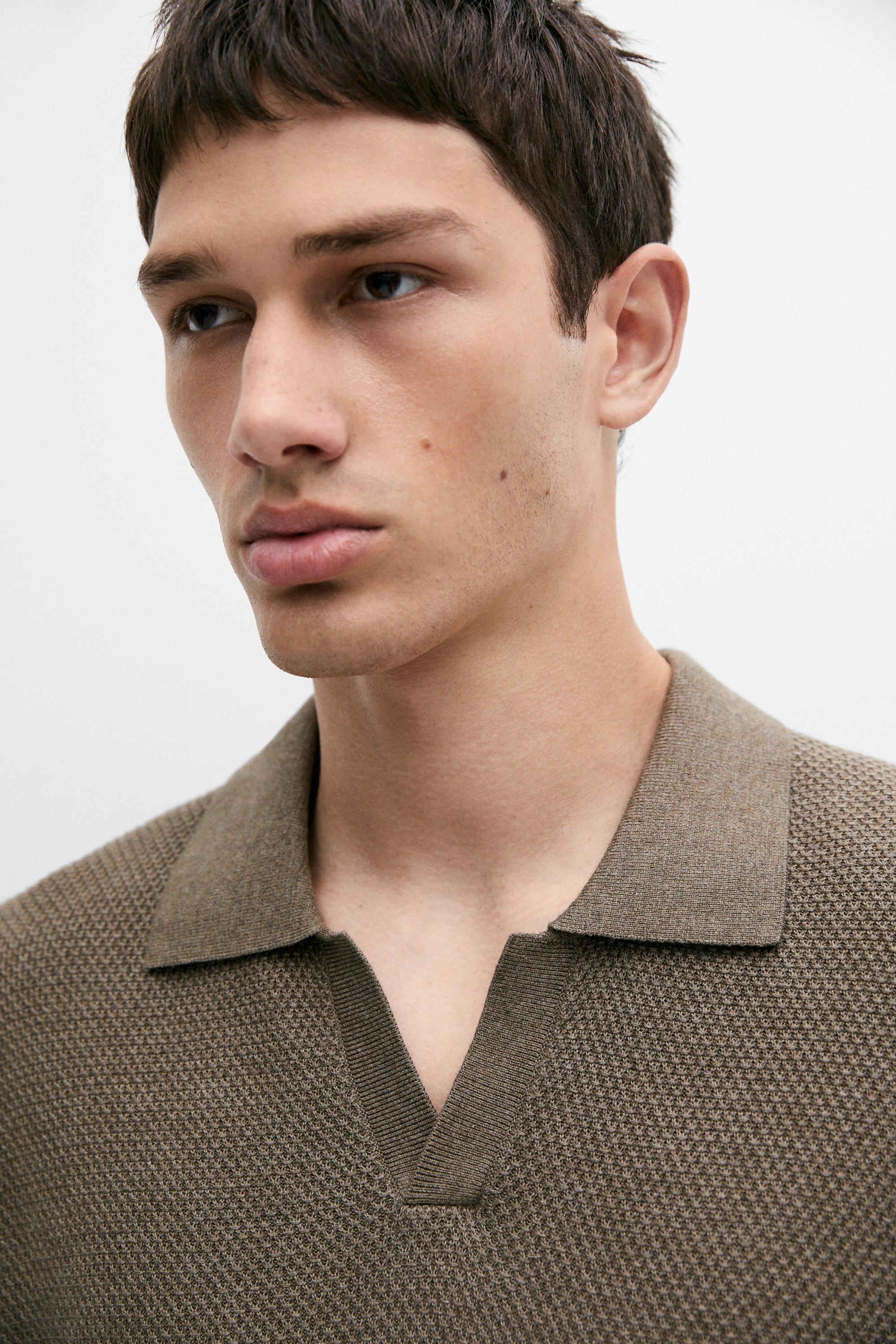 Cotton blend knit V-neck polo shirt — KHAKI