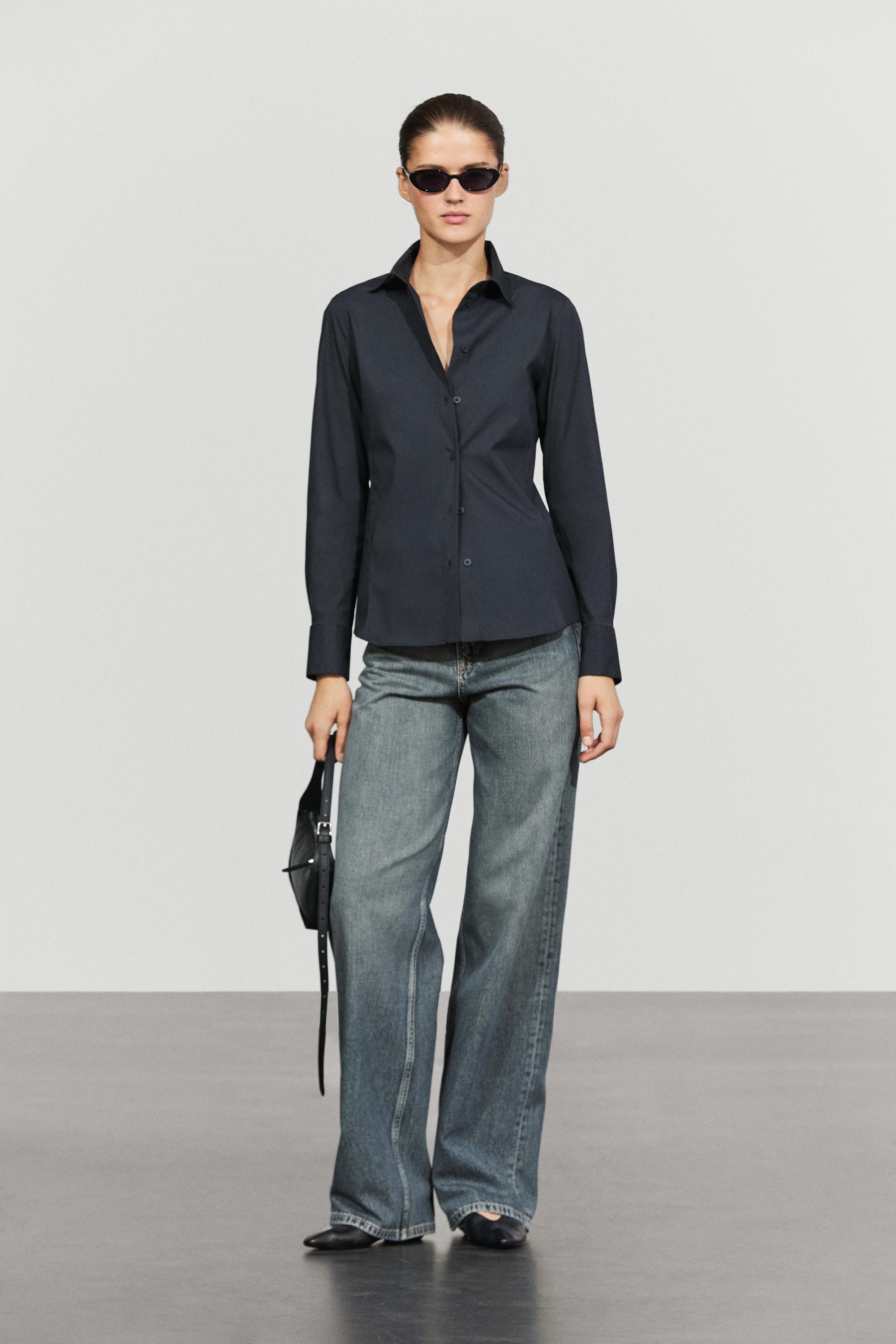 Cotton blend poplin shirt — NAVY BLUE