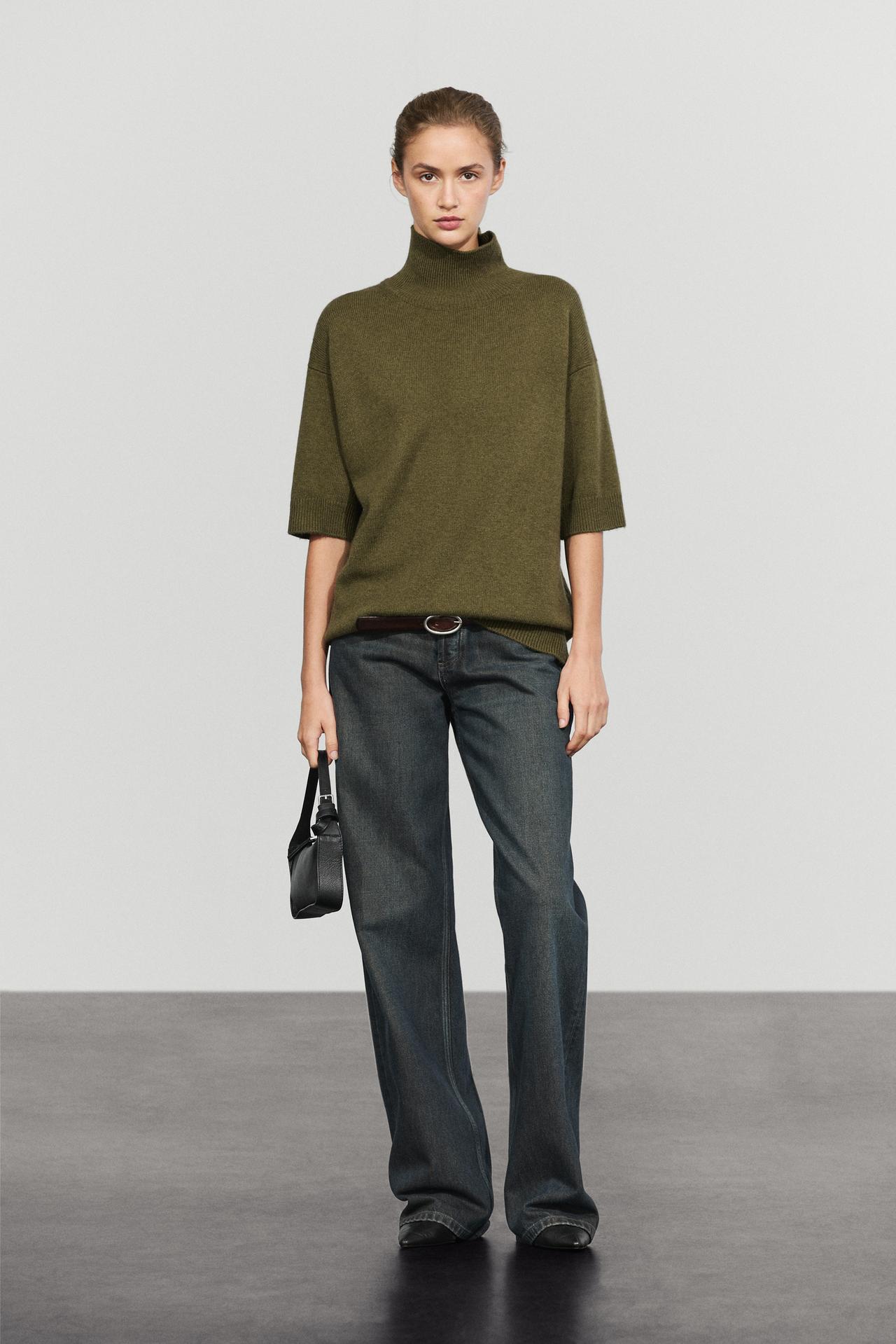 Wool knit sweater with mock turtleneck — OLIVE
