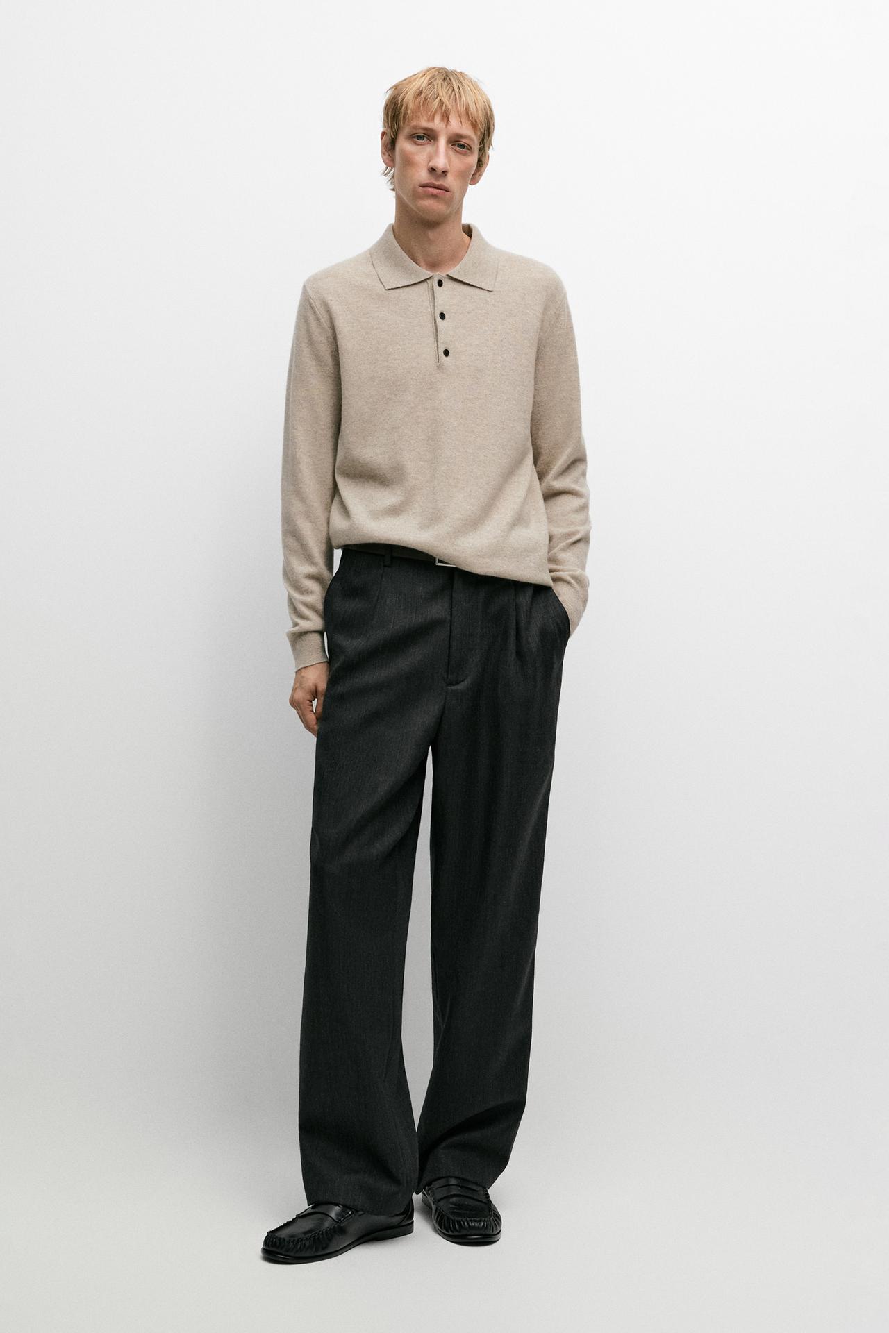 100% cashmere knit polo sweater — SAND BROWN