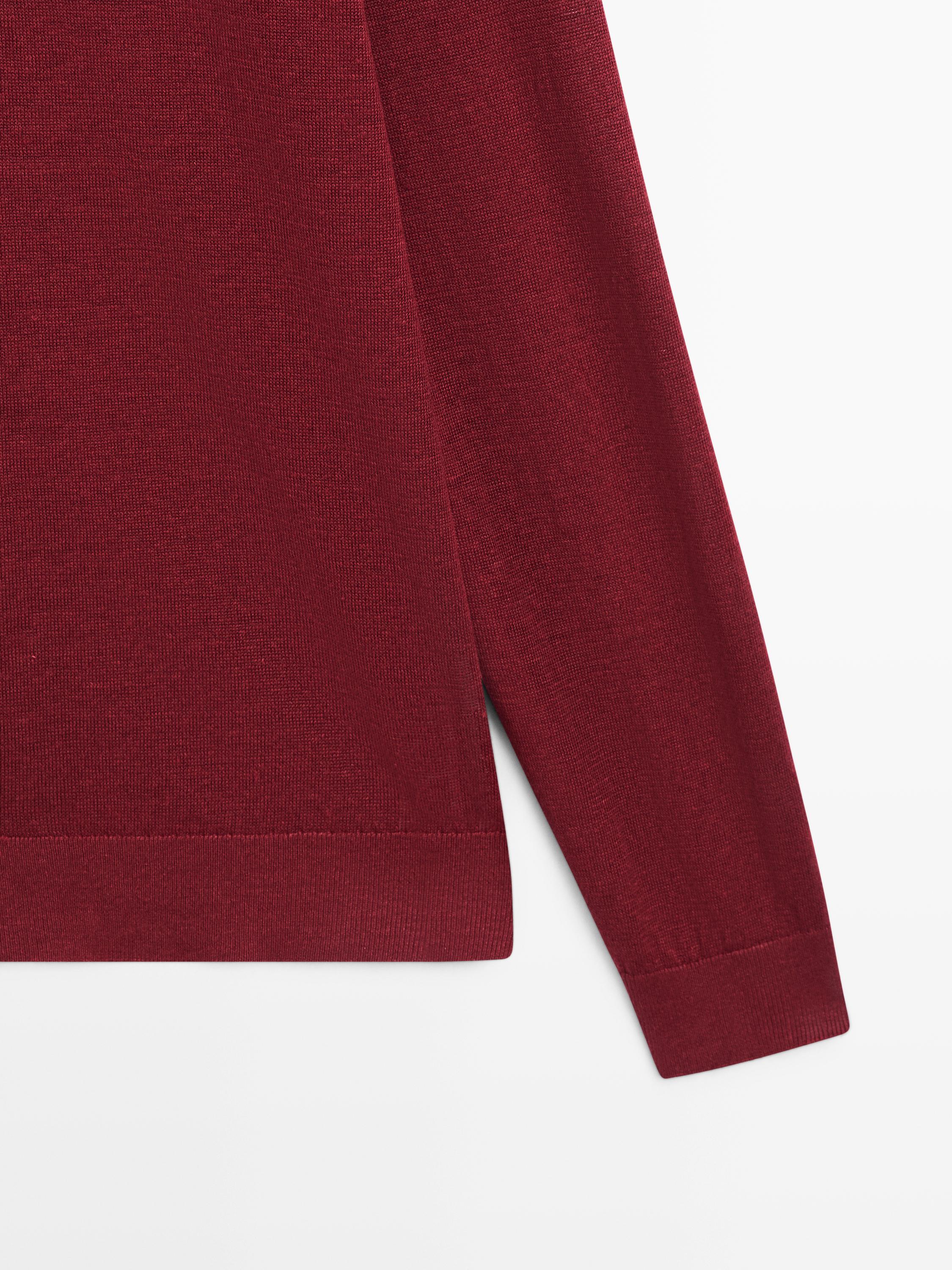 100% linen knit polo collar sweater — Wine Red