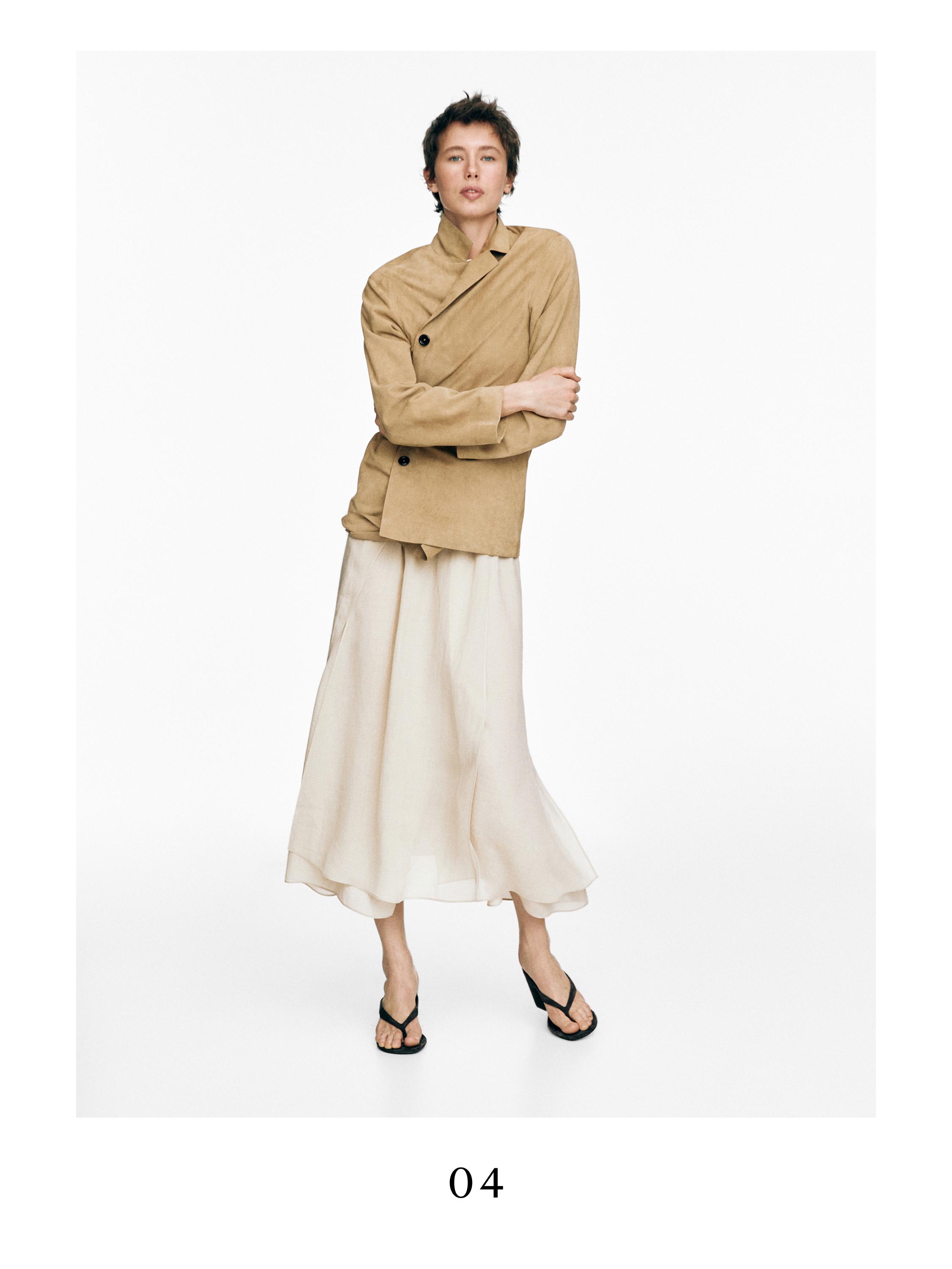 Flowing ramie blend midi skirt — CREAM