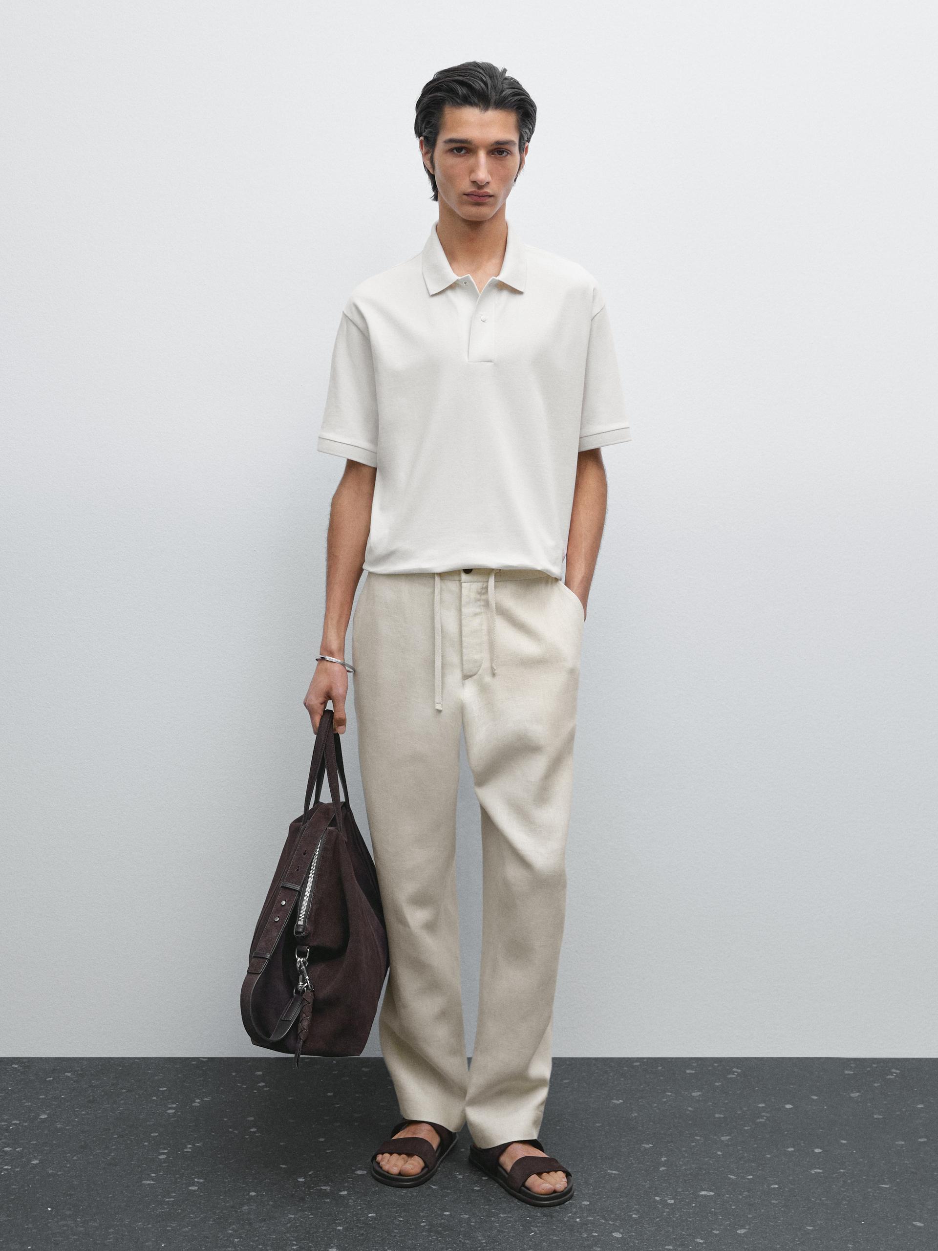 Koszulka Polo Z Mieszanki Bawełny Z Zatrzaskami - Surowy - S - Massimo Dutti - Mężczyzna