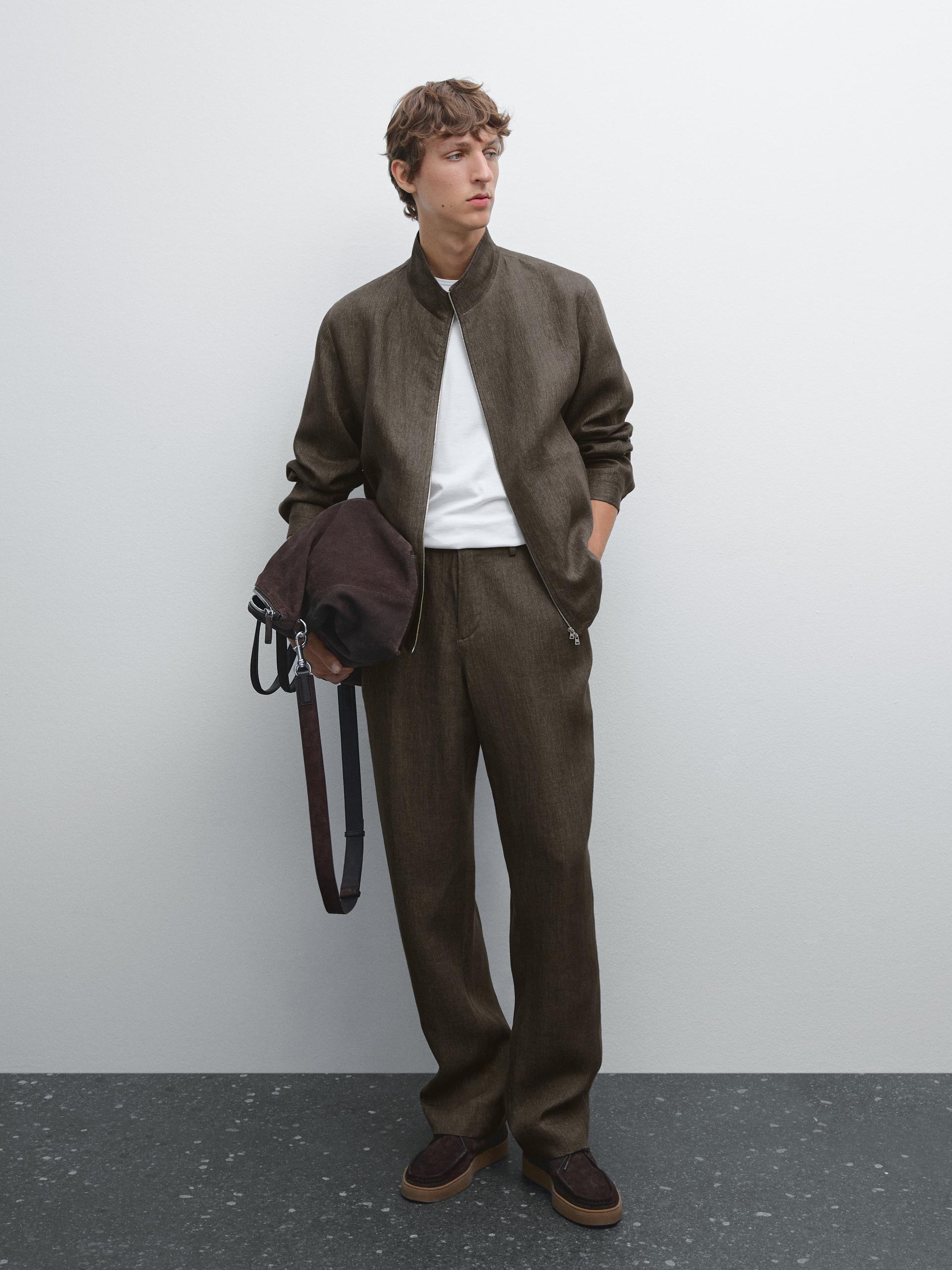 Spodnie Total Look Z Lnu Z Efektem Sprania - Brązowy - 40 - Massimo Dutti - Mężczyzna