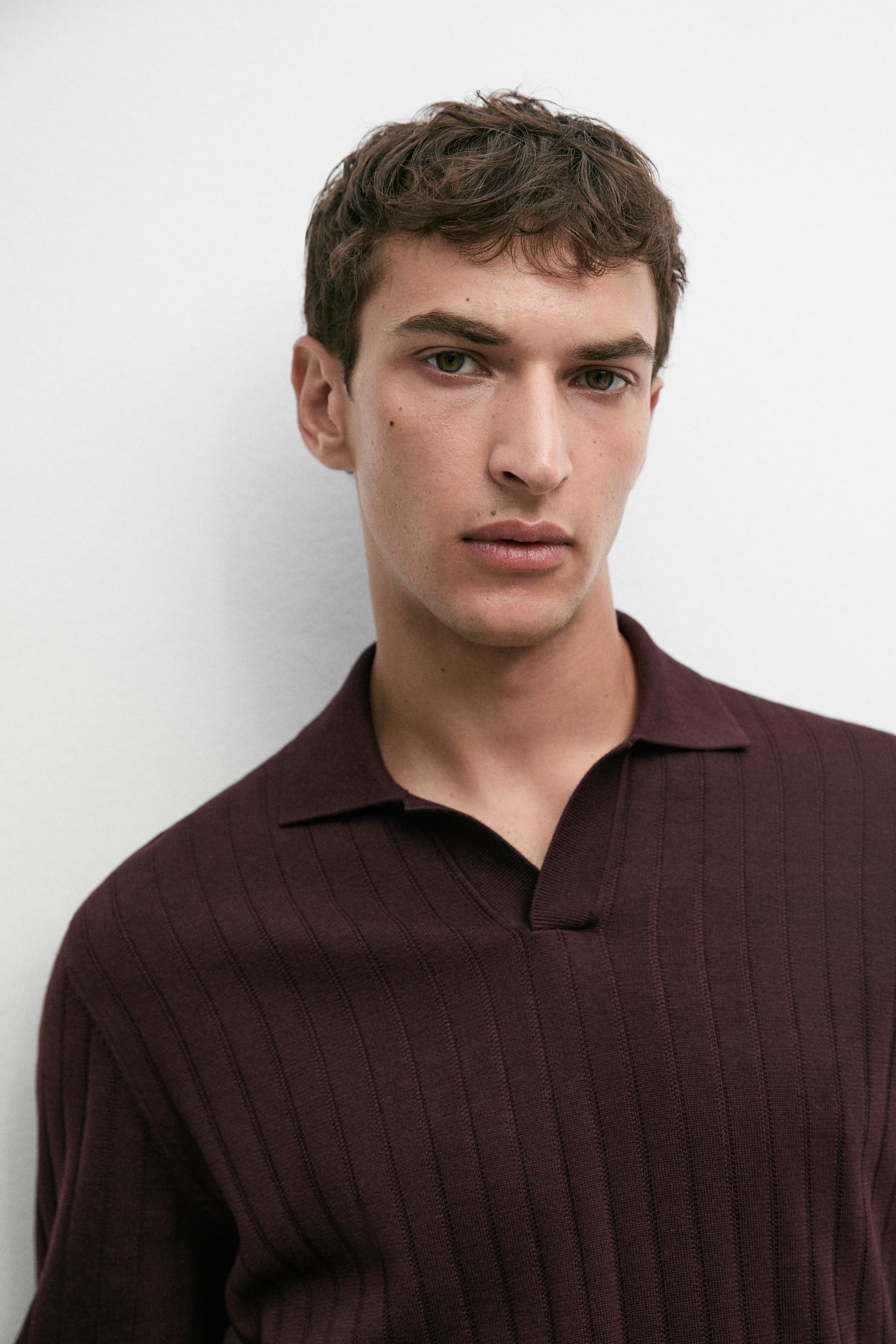 100% Cotton Knit Polo Sweater — BURGUNDY