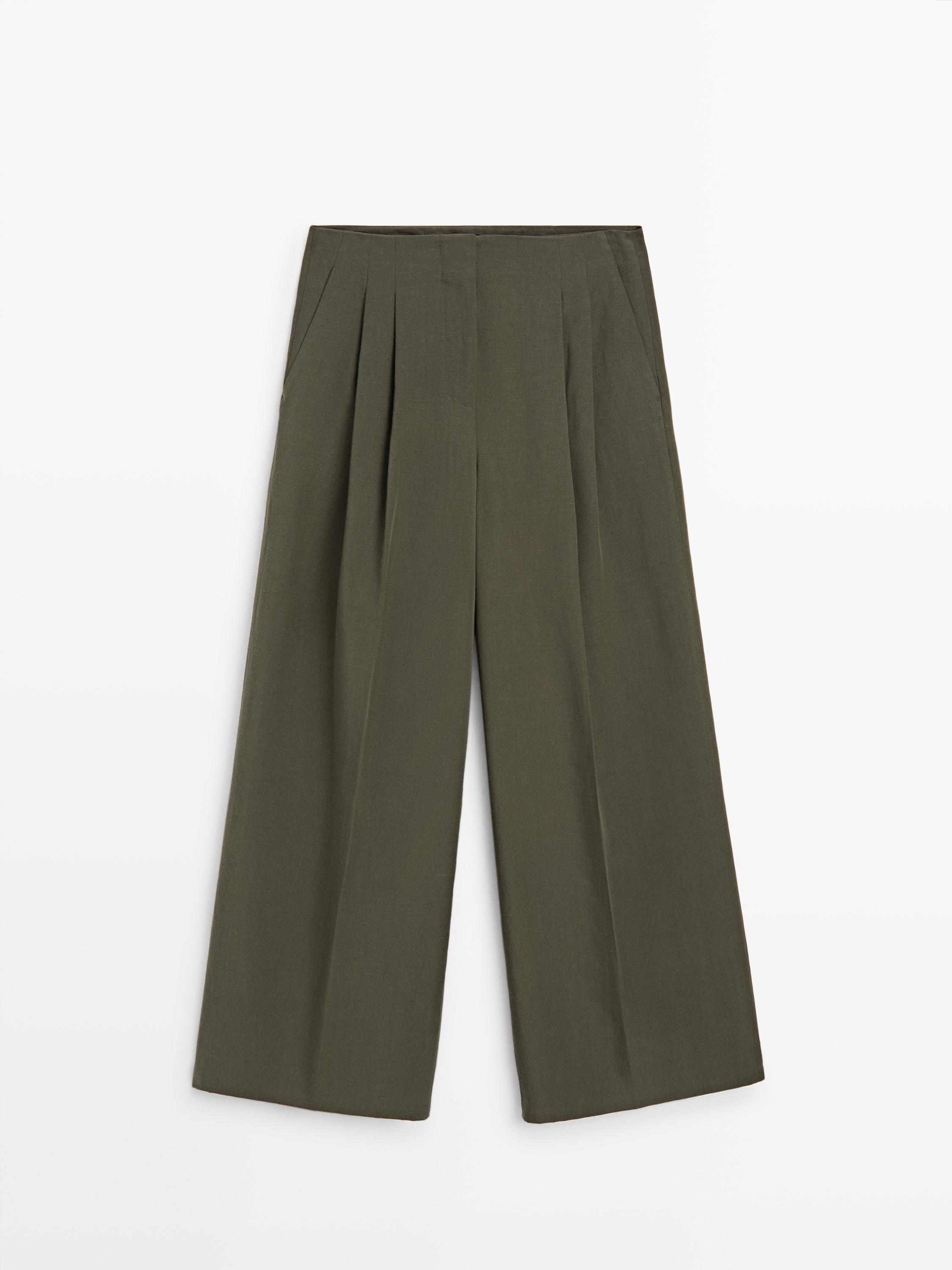 Darted wide-leg trousers — KHAKI