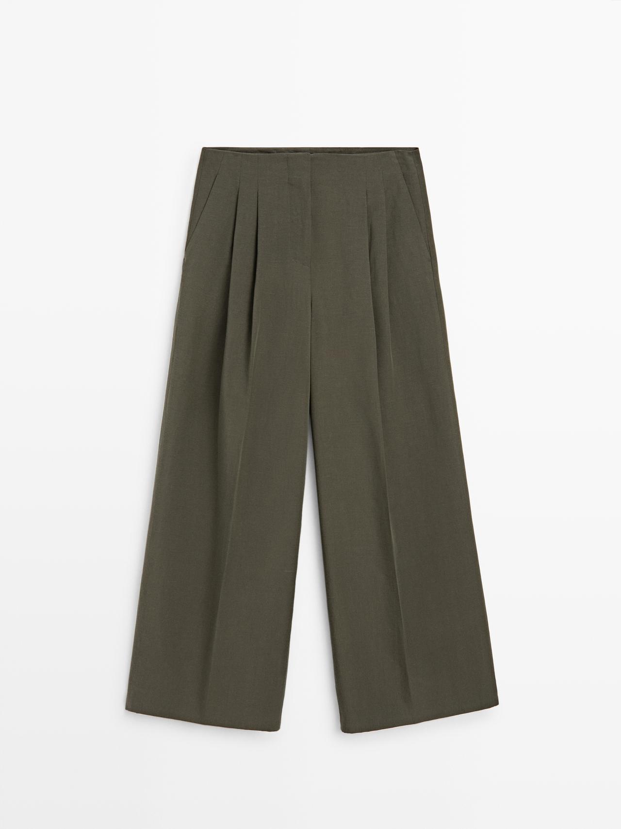 Massimo Dutti - Dames - Wide Leg Broek Met Bandplooien - Kaki - 36