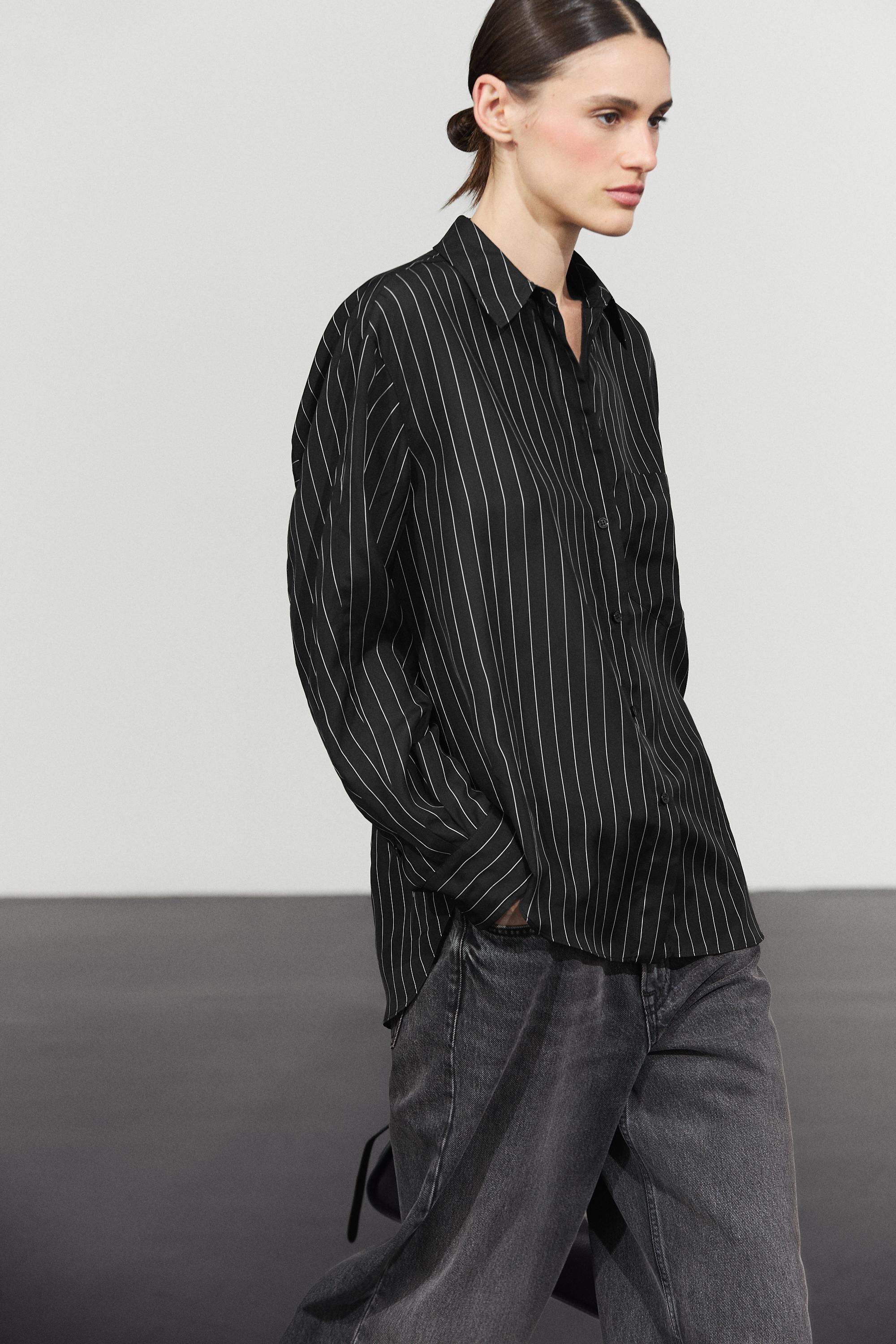 Striped flowing shirt with pocket detail — BLACK