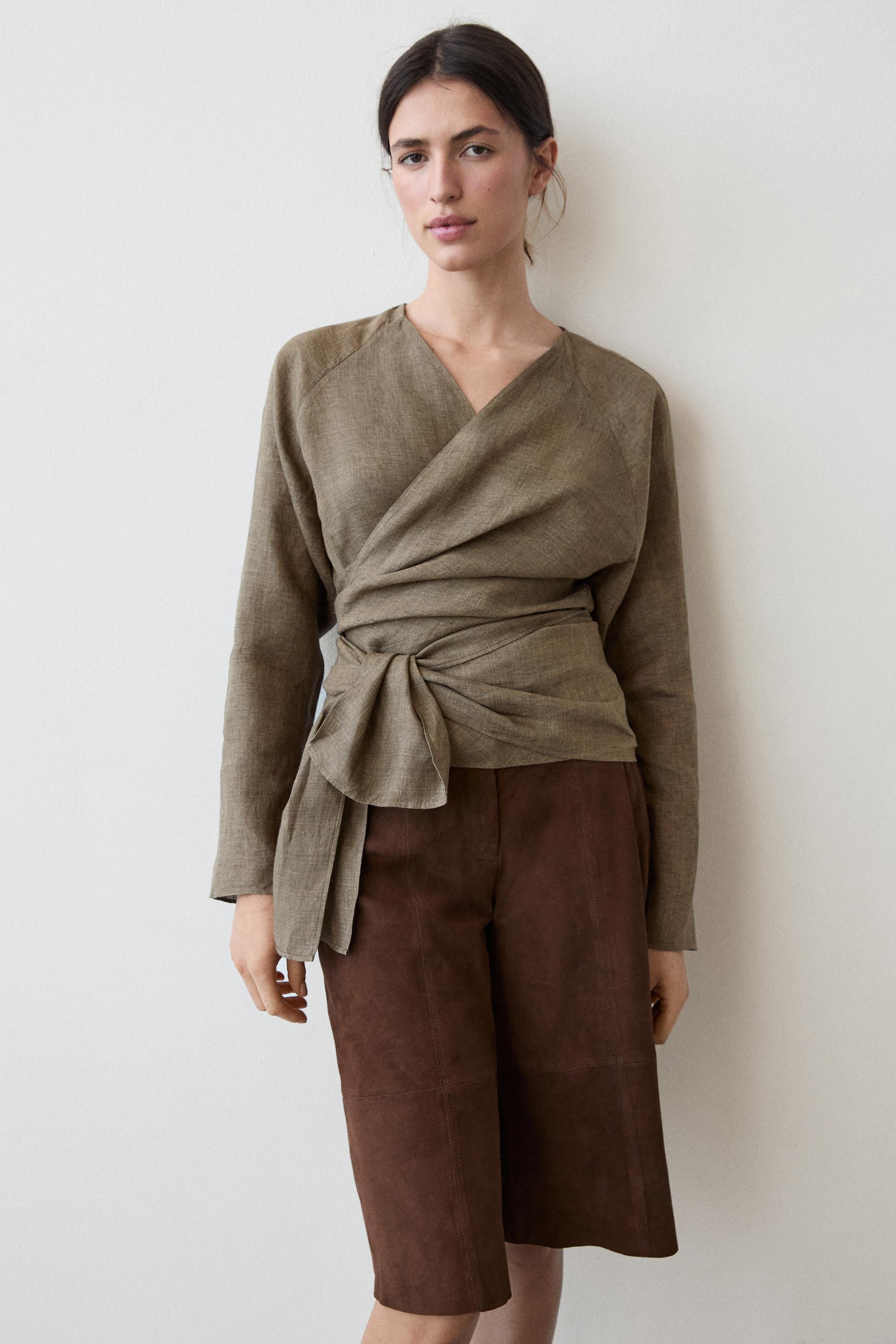 100% linen shirt with tie detail — GREEN
