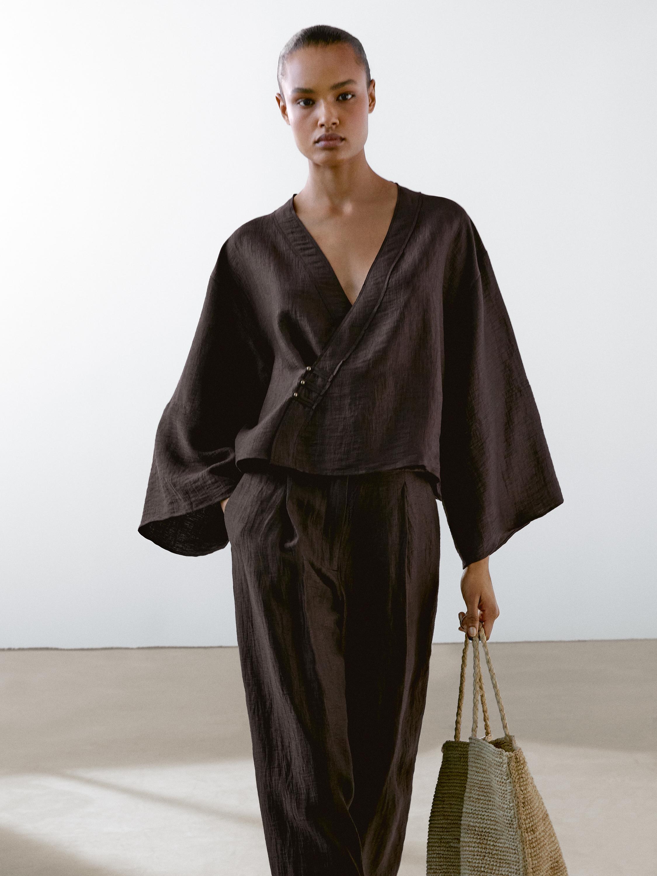 كيمونو متداخل من الكتان المخلوط