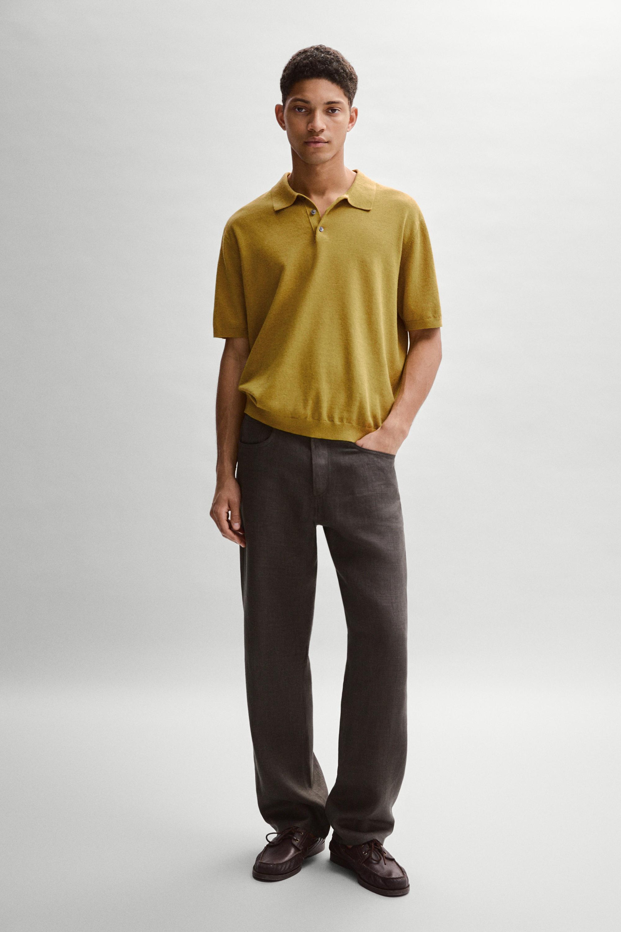 Short sleeve cotton and linen knit polo shirt — OIL