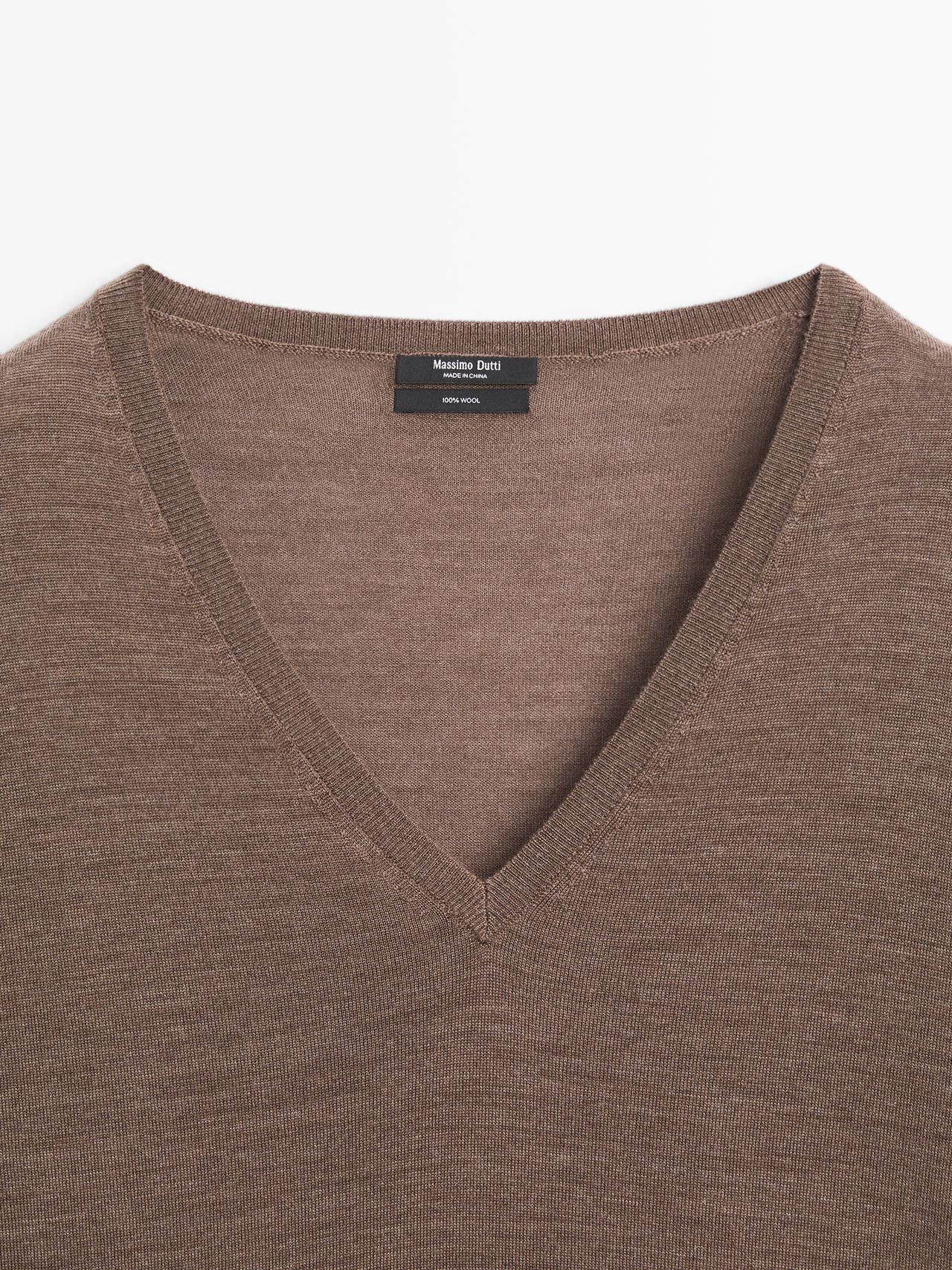 100% wool V-neck knit sweater — MOLE BROWN
