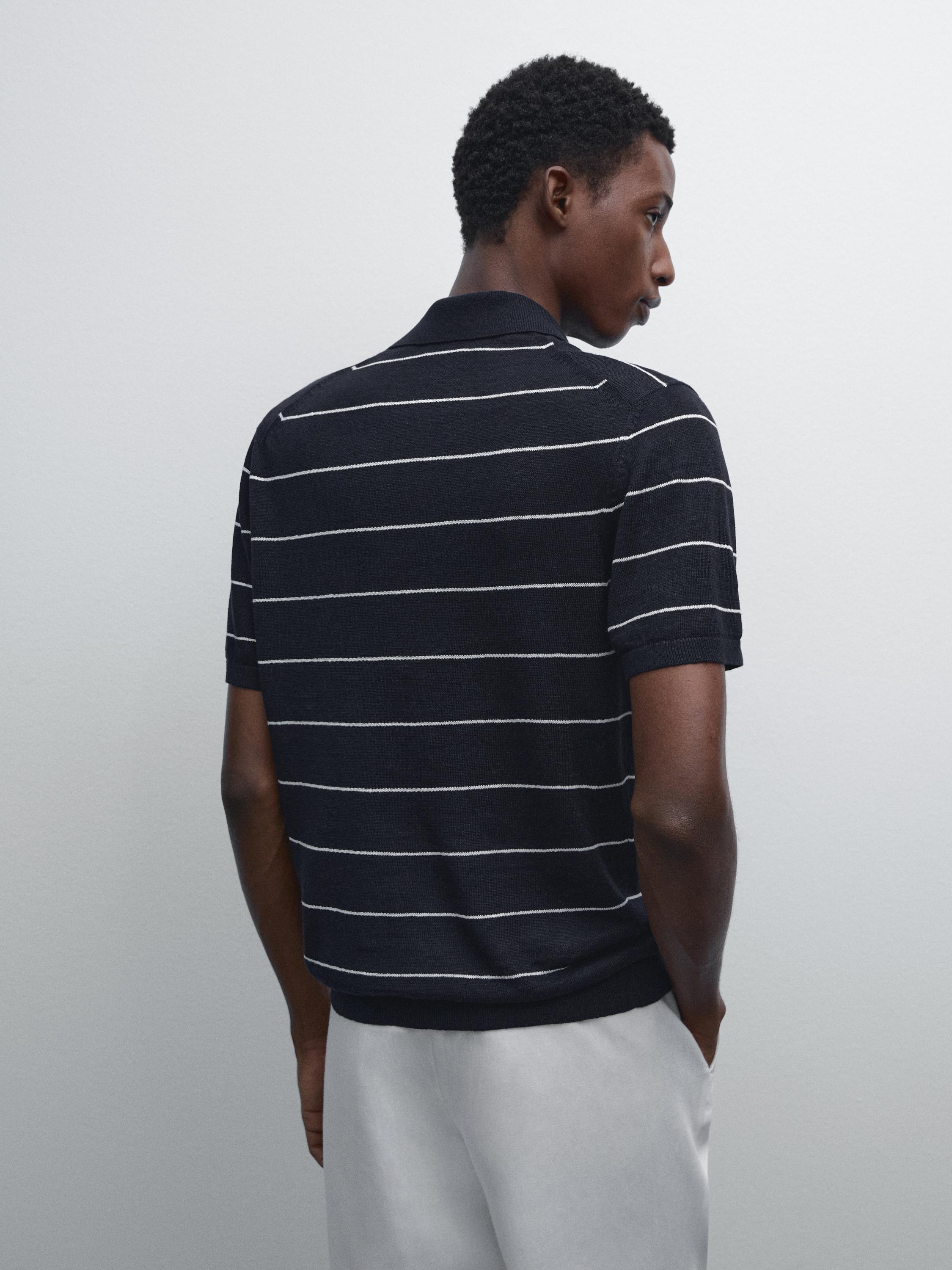 قميص بولو كتان بحياكة مخططة