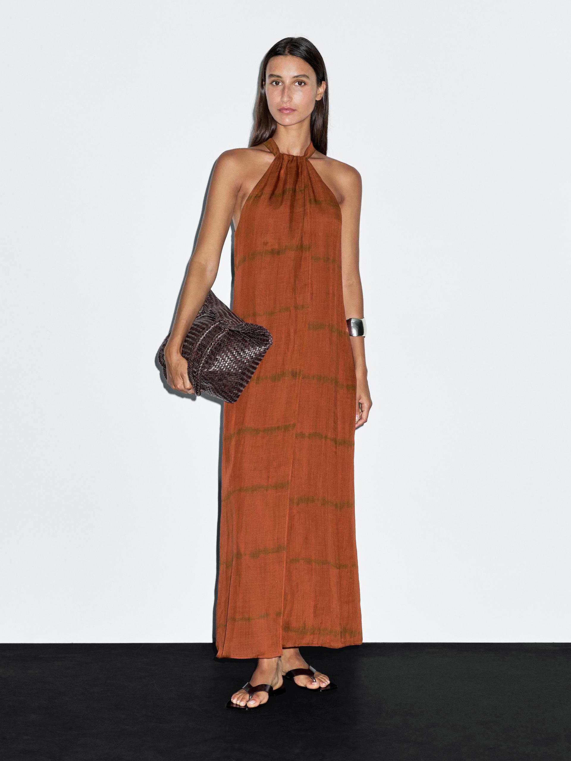 Vestido Largo Halter Estampado Rayas - Teja - S - Massimo Dutti - Mujer