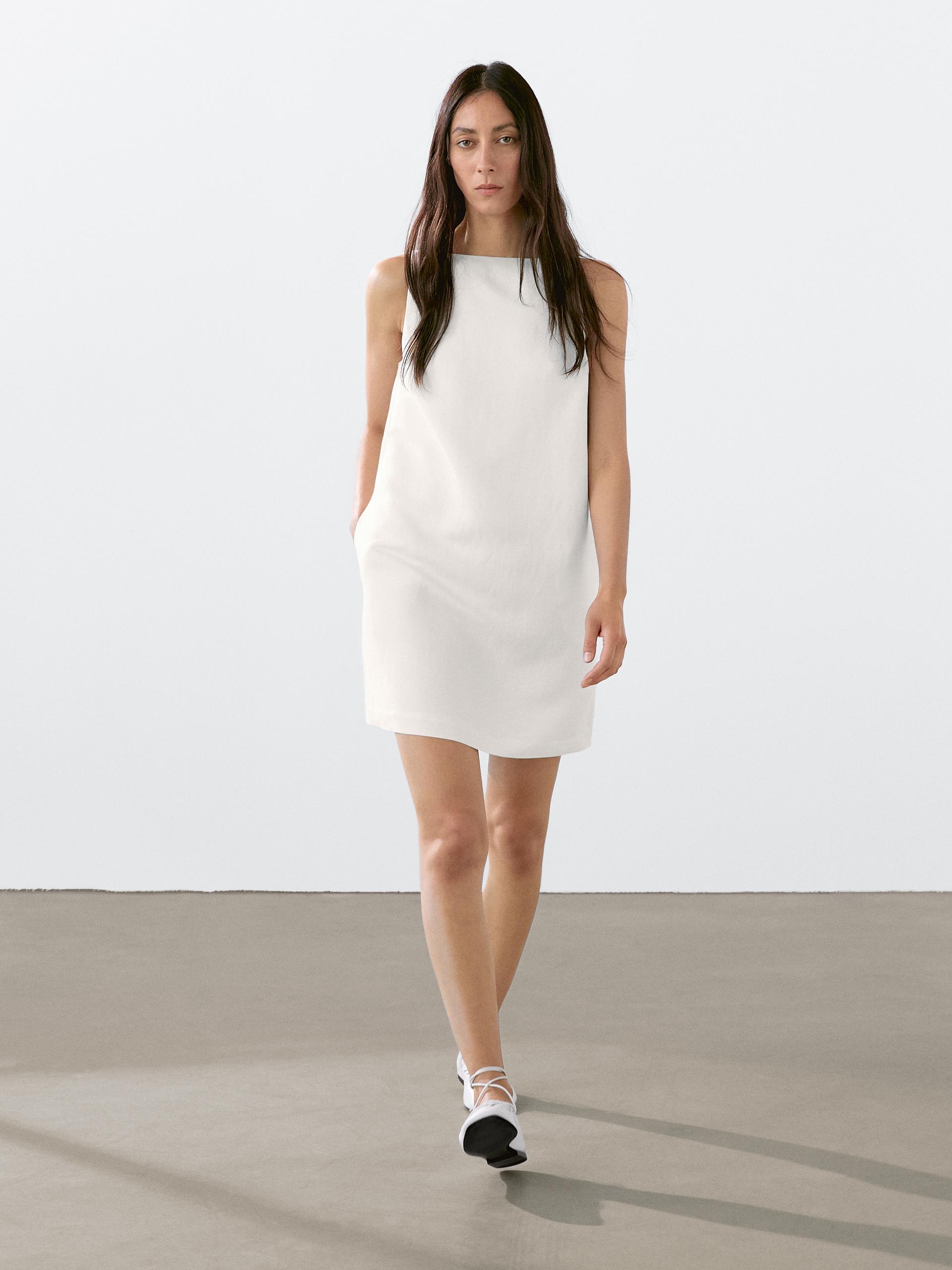 Luźna Sukienka Mini Z Mieszanki Lnu - Biały - 36 - Massimo Dutti - Kobieta