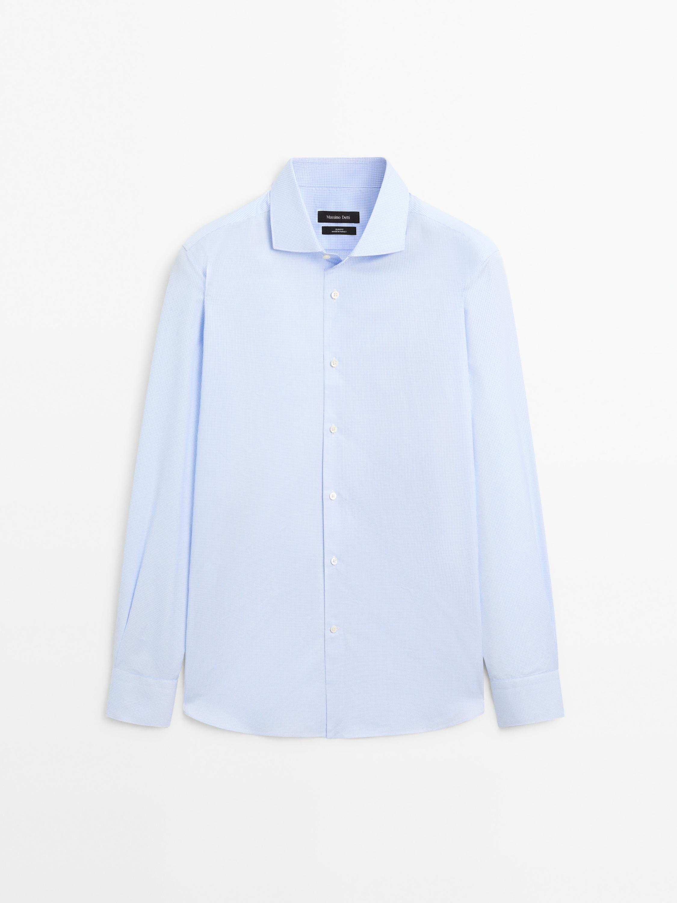 Slim fit micro-checked 100% cotton shirt