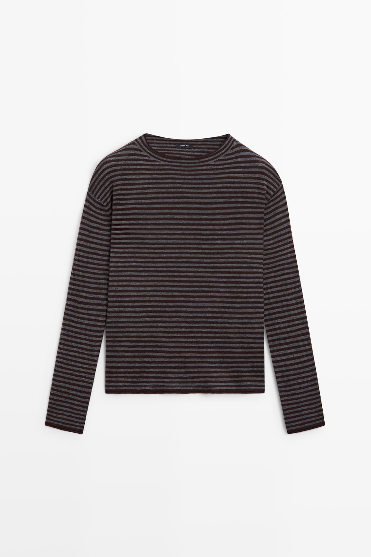 Striped knit sweater with mock turtleneck — MOLE BROWN