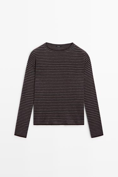Striped knit sweater with mock turtleneck — MOLE BROWN 2