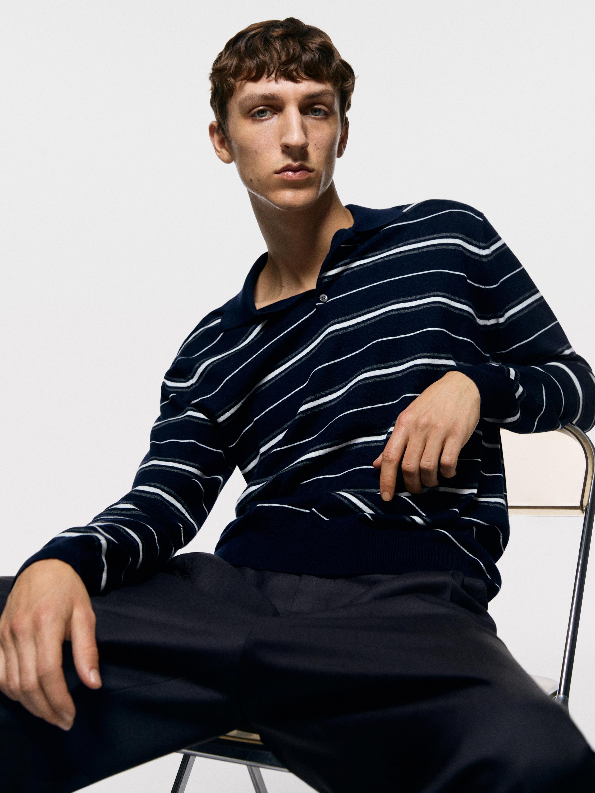 Cotton blend striped knit polo sweater — NAVY BLUE