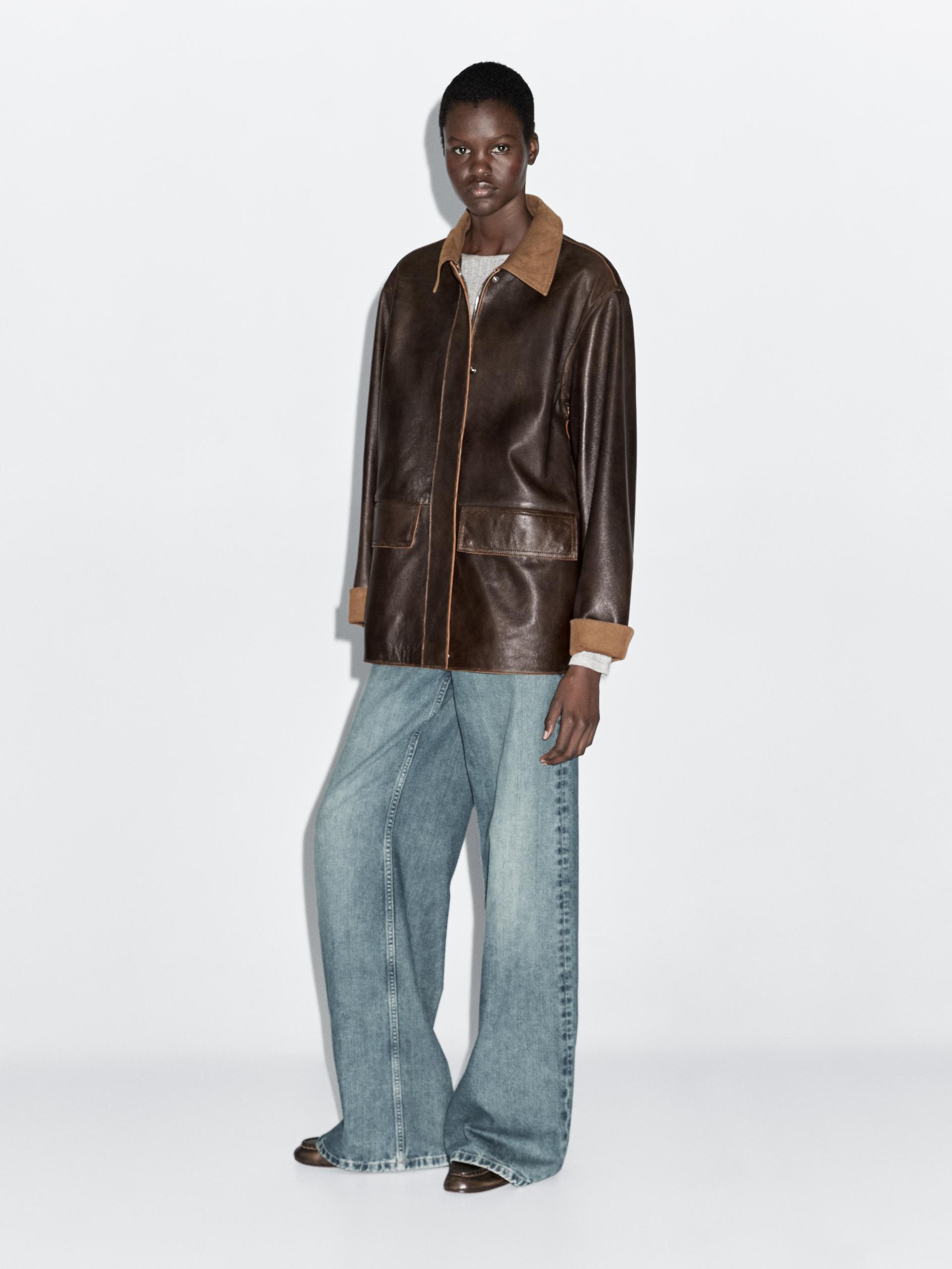 Parka Detalle Pana Piel Napa - Marrón - M - Massimo Dutti - Mujer