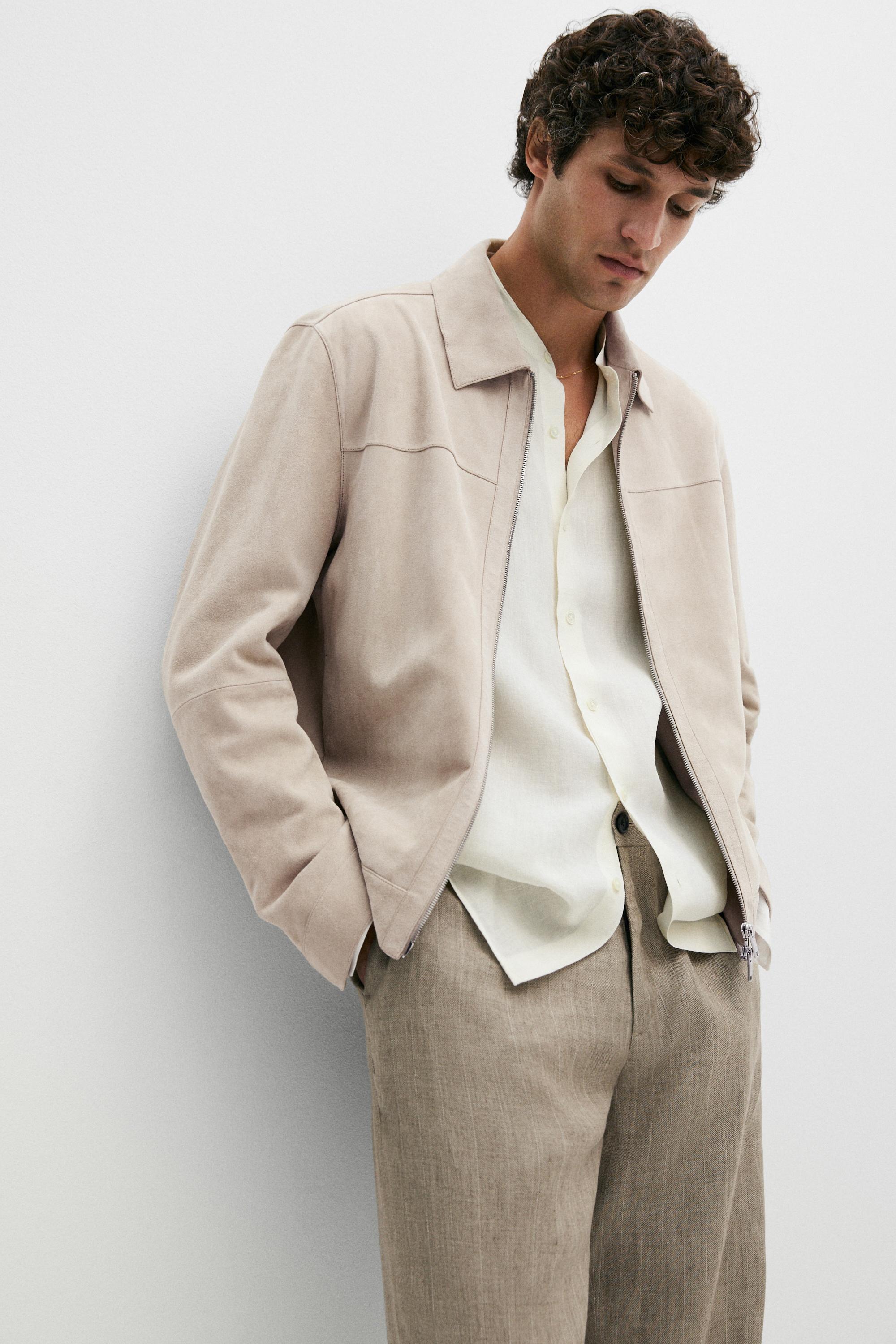 Suede leather collar jacket — Light Beige