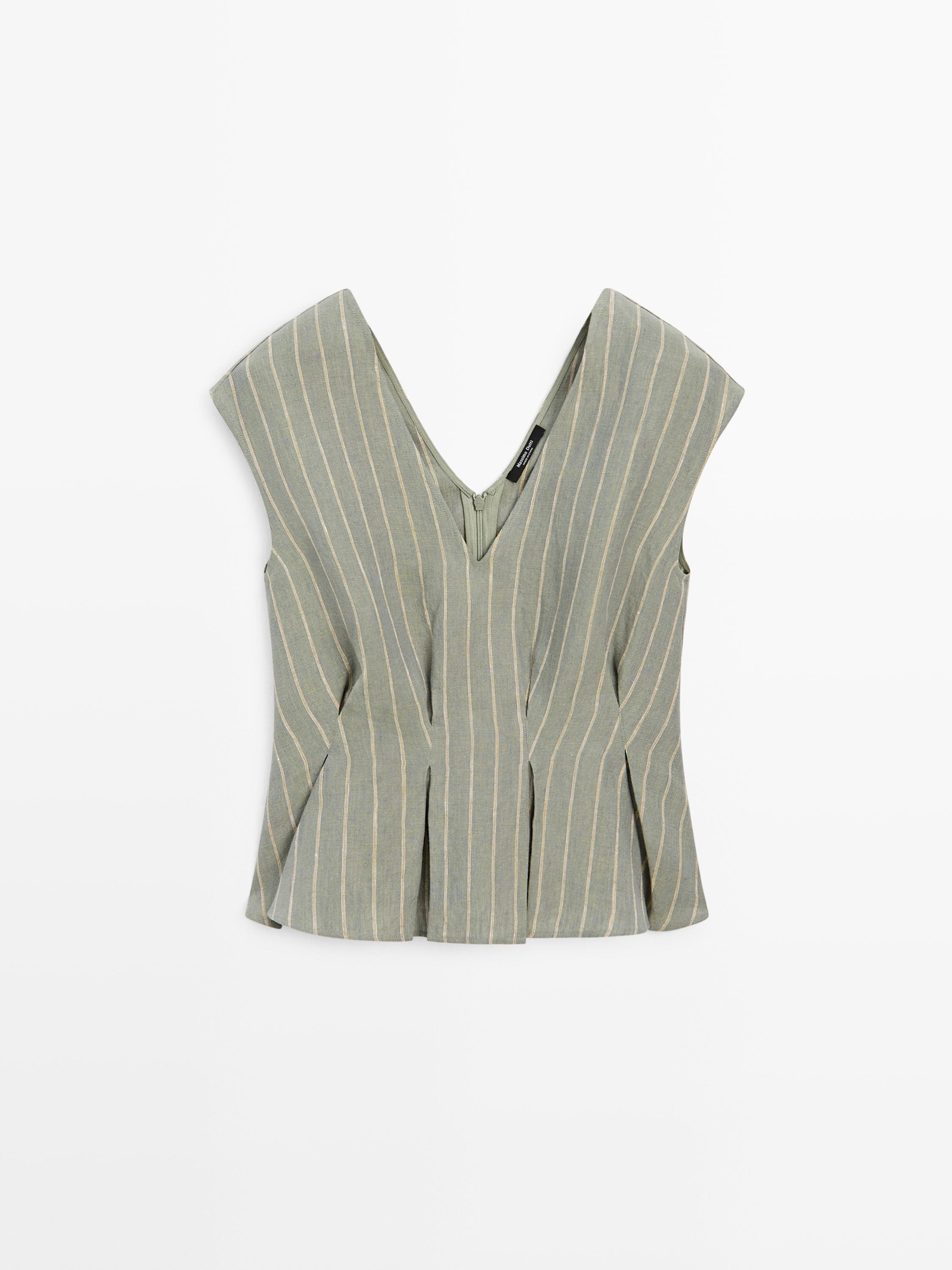 100% linen striped top with pleated details