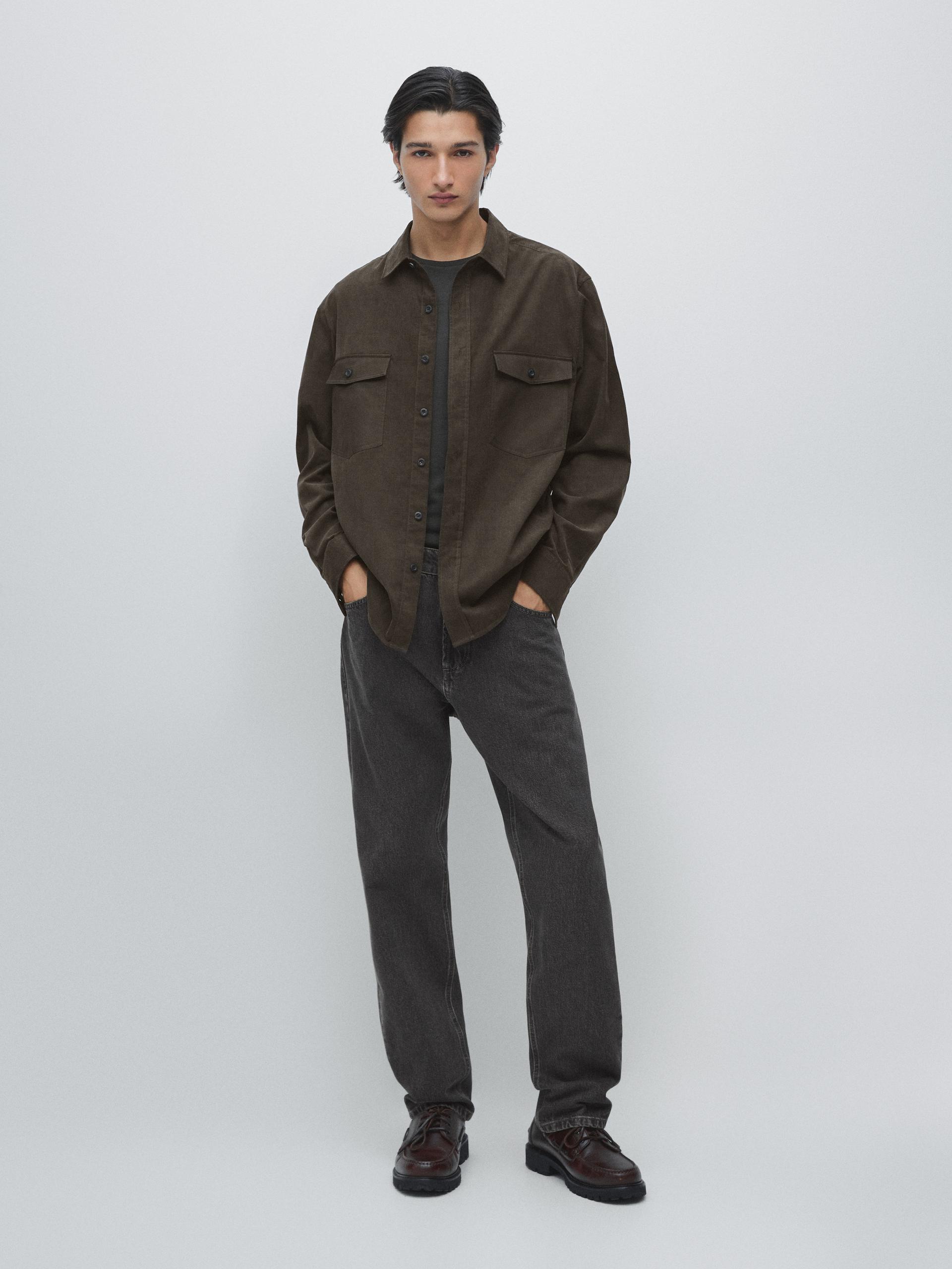 Camicia In Velluto A Costine Con Tasche A Contrasto Relax Fit - Grigio - M - Massimo Dutti - Maschile