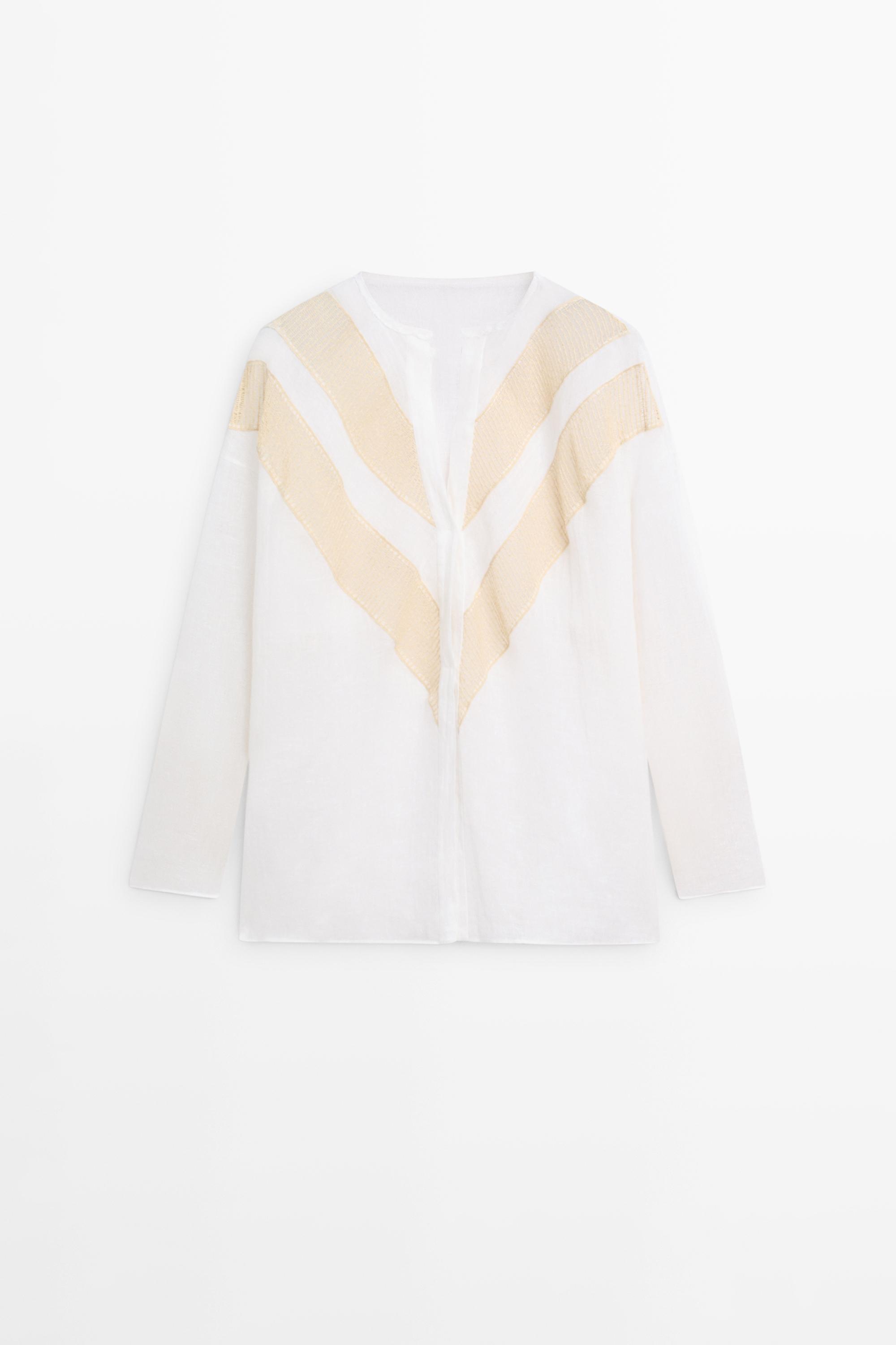 Soepelvallend overhemd van linnenmix met appliqué detail