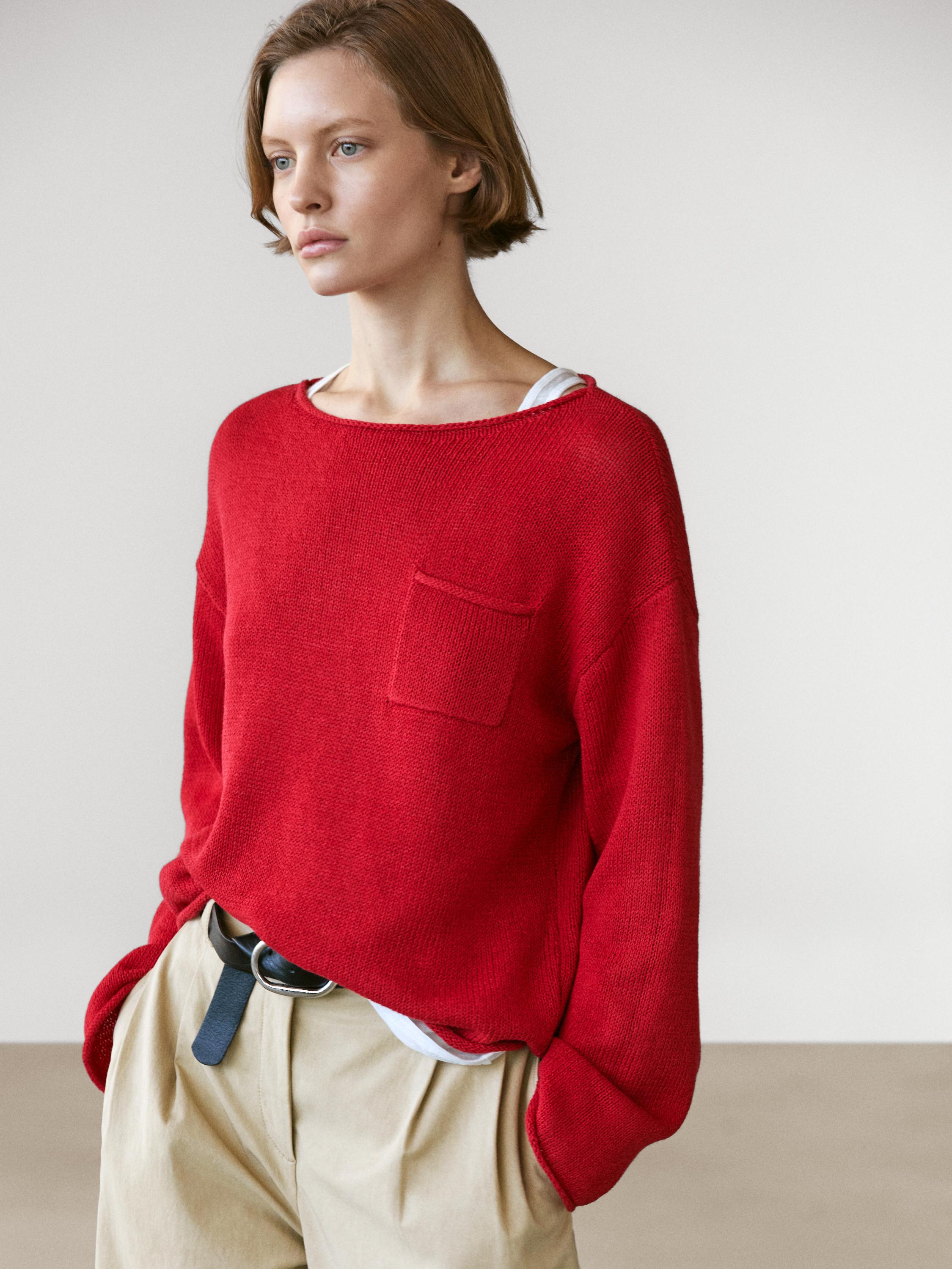 Cotton and linen knit sweater with pocket detail — RED