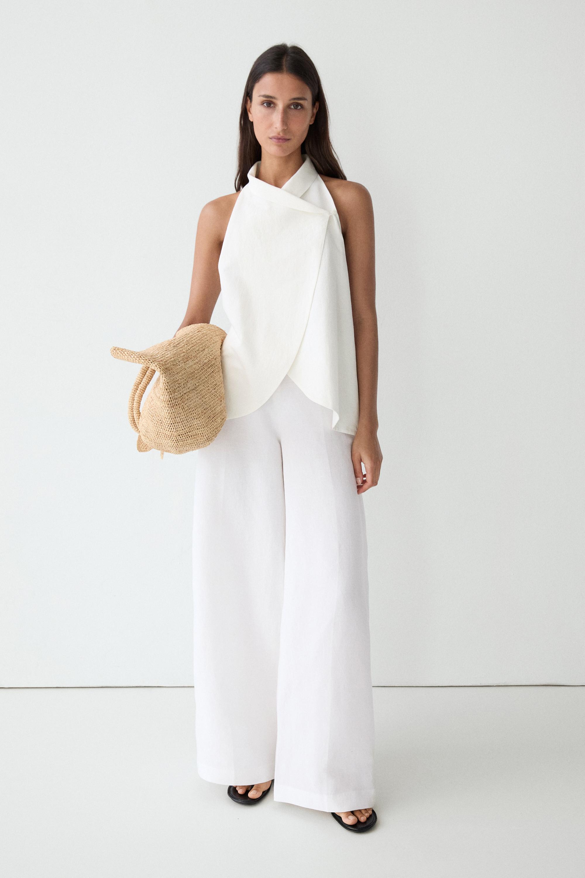 Total look flowing linen blend trousers — WHITE