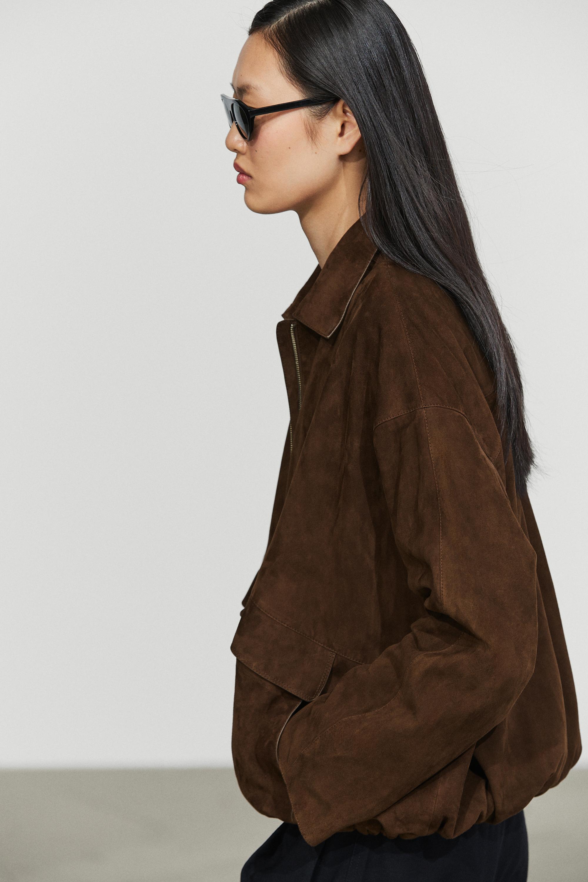 Oversize suede leather bomber jacket — BROWN