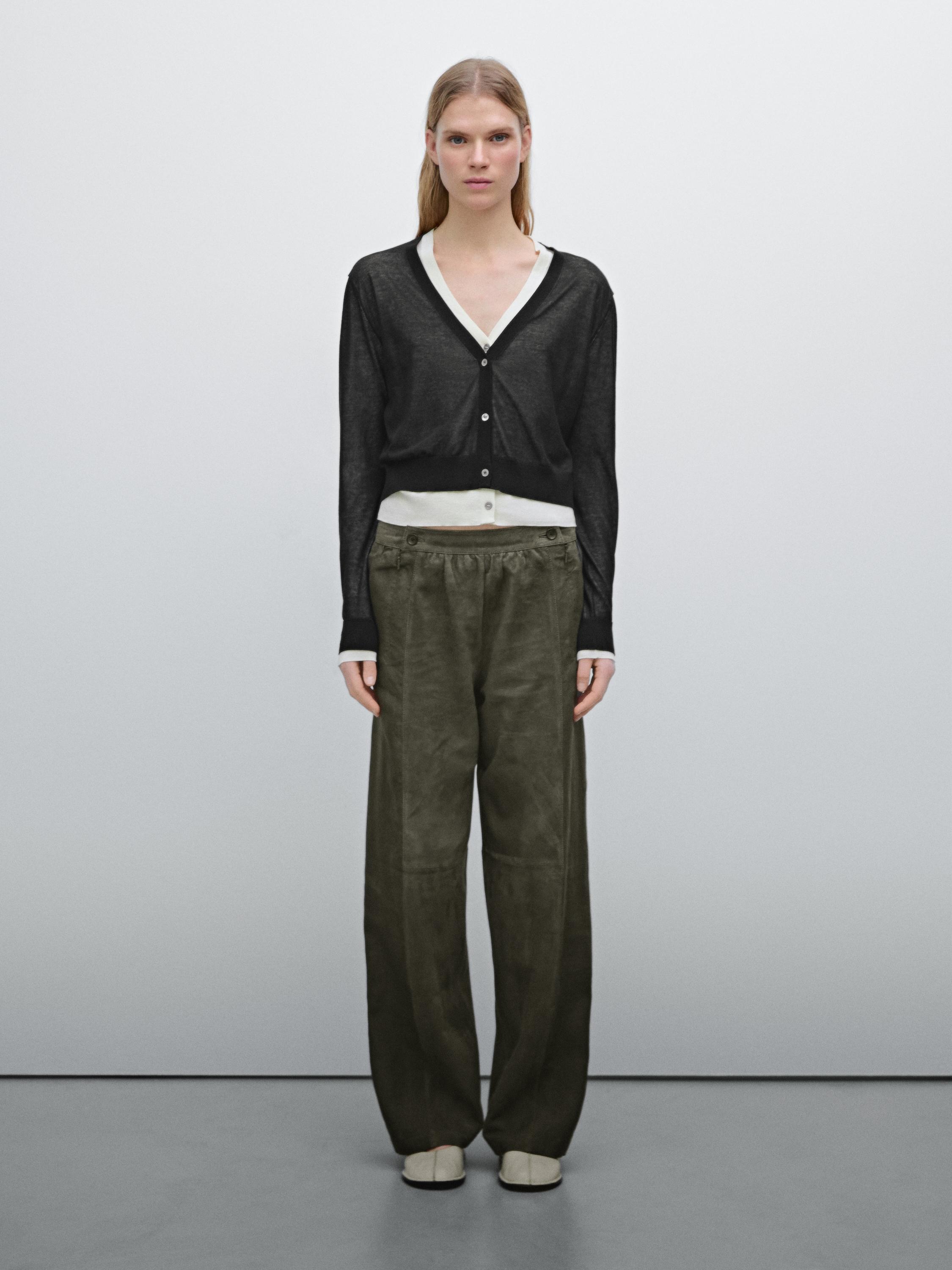Suede leather trousers with linen detail · Khaki · Bags And