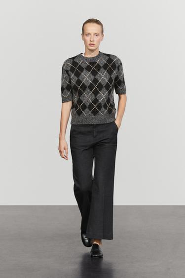 Cashmere-blend short sleeve argyle knit sweater — GREY 1