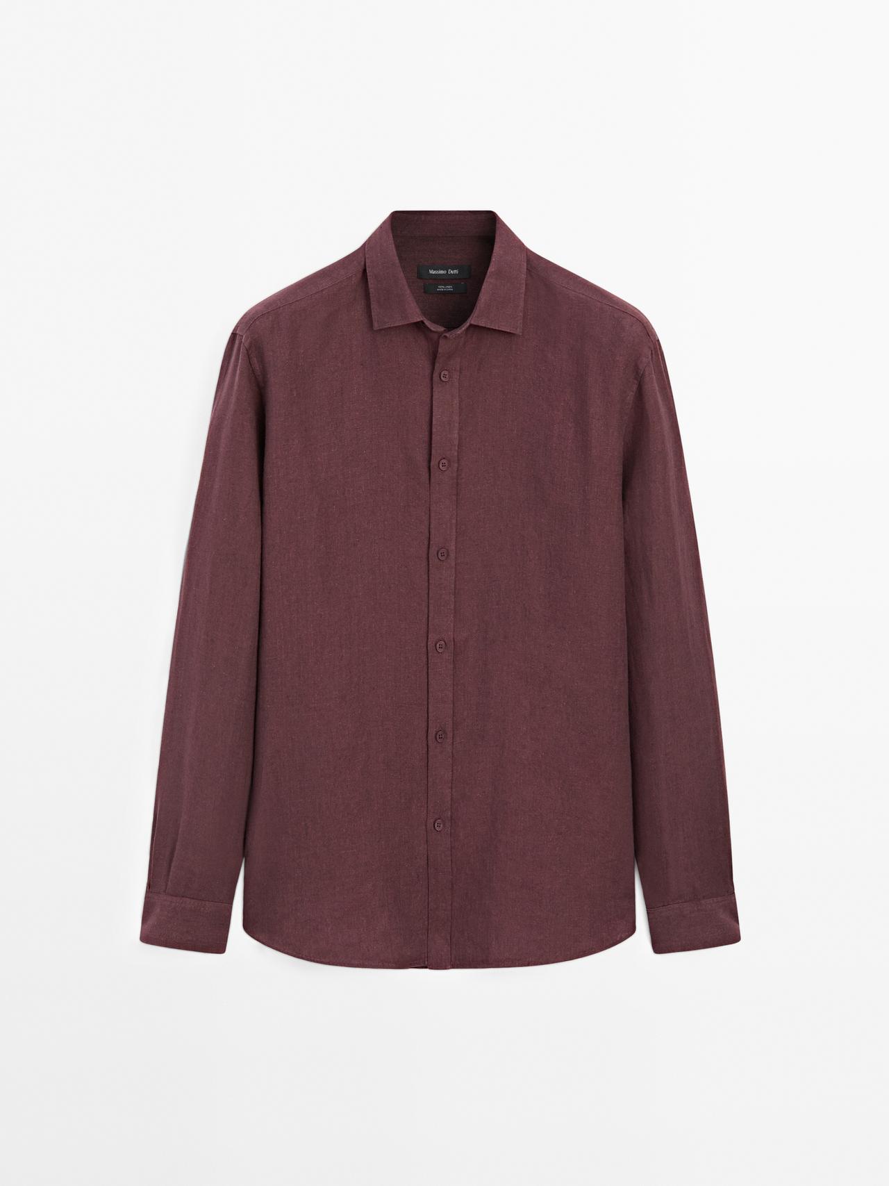 Massimo Dutti - Herre - Regular Fit Skjorte I Forvasket Hør - Bordeaux - M