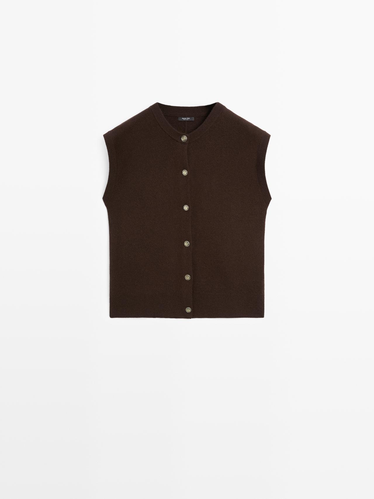 Massimo Dutti - Dame - Strikket Vest Med Gyldne Knapper - Chokolade - M