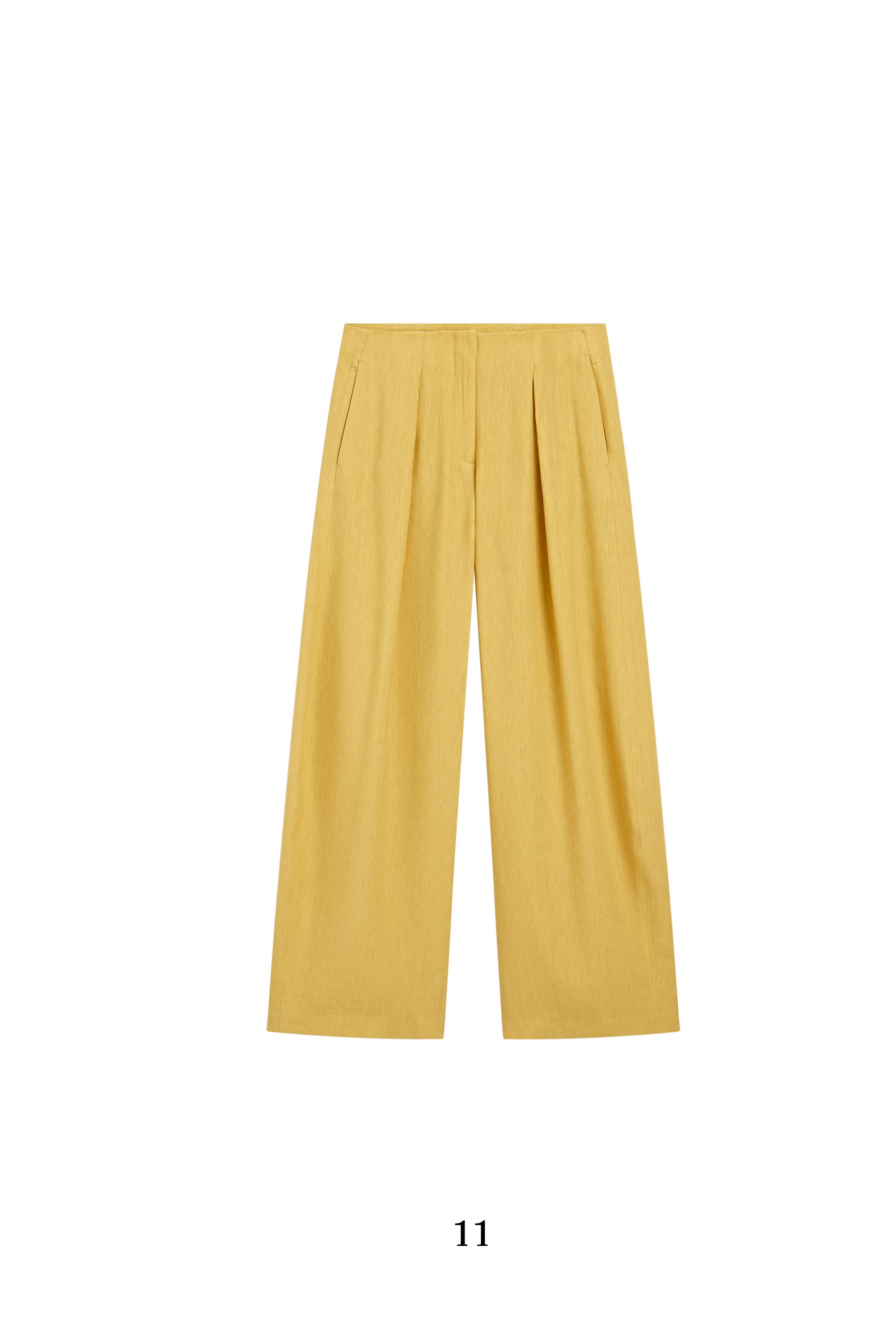 Wide-leg flowing linen blend pleated pants — MUSTARD YELLOW