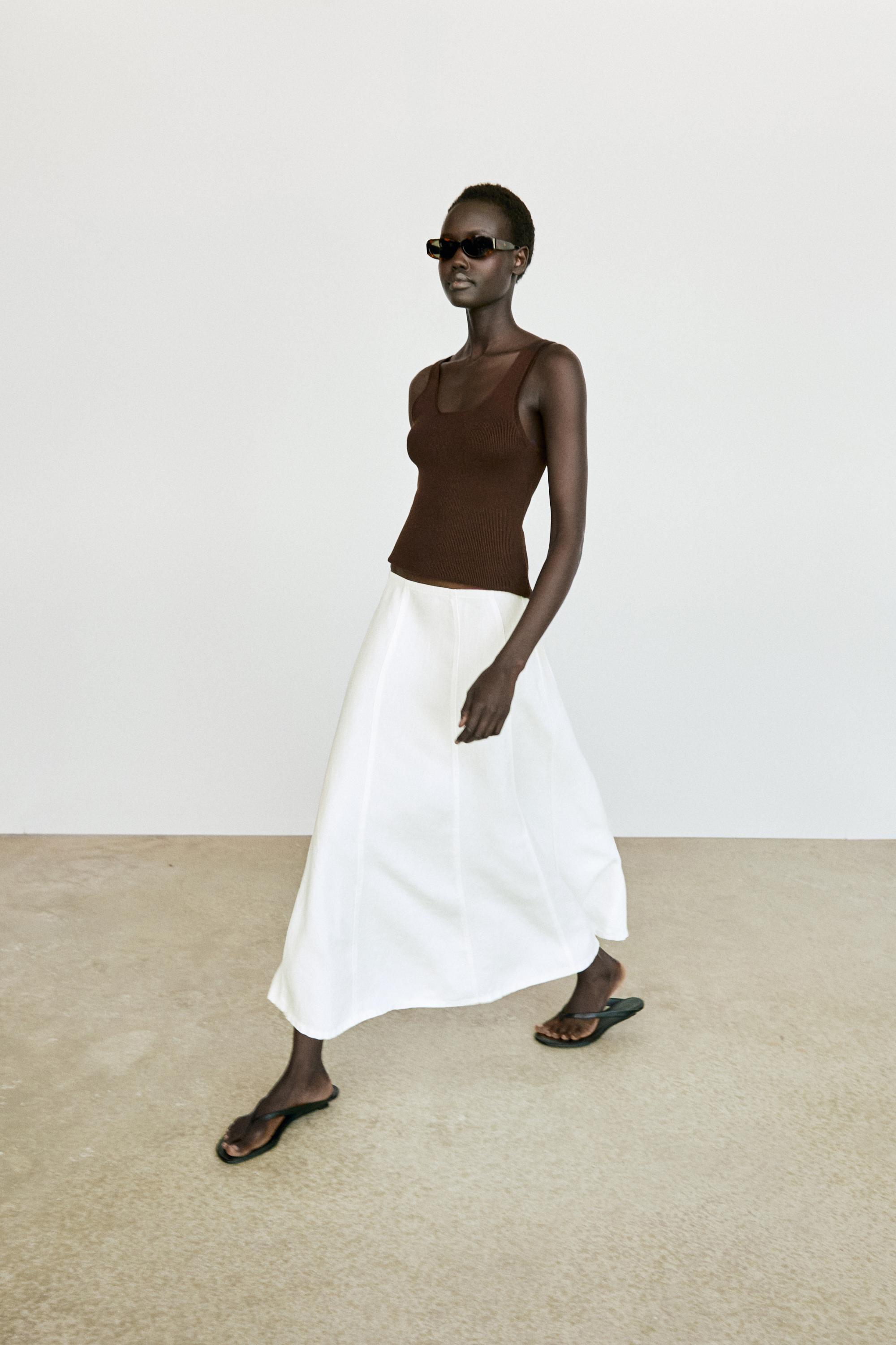 100% linen denim-effect midi skirt — Off white