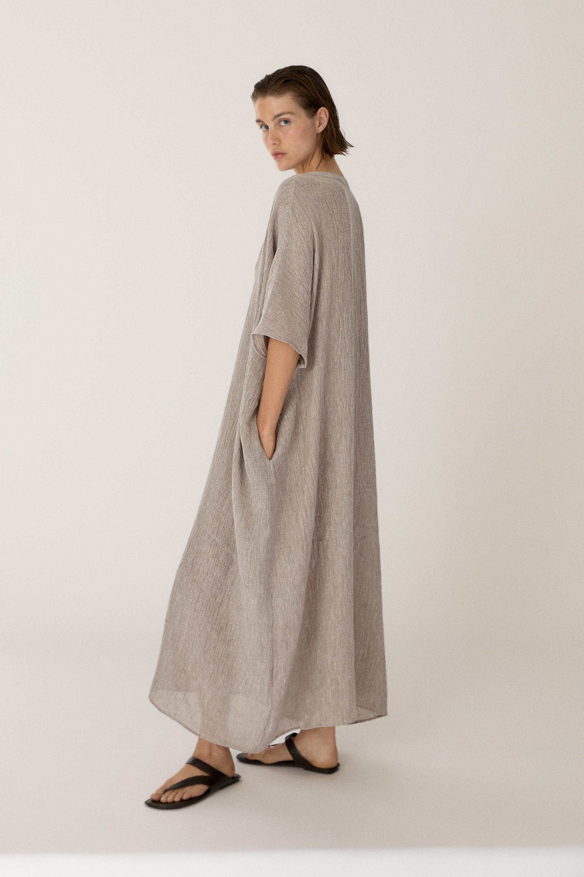 Waffle-knit linen blend kaftan dress — MINK
