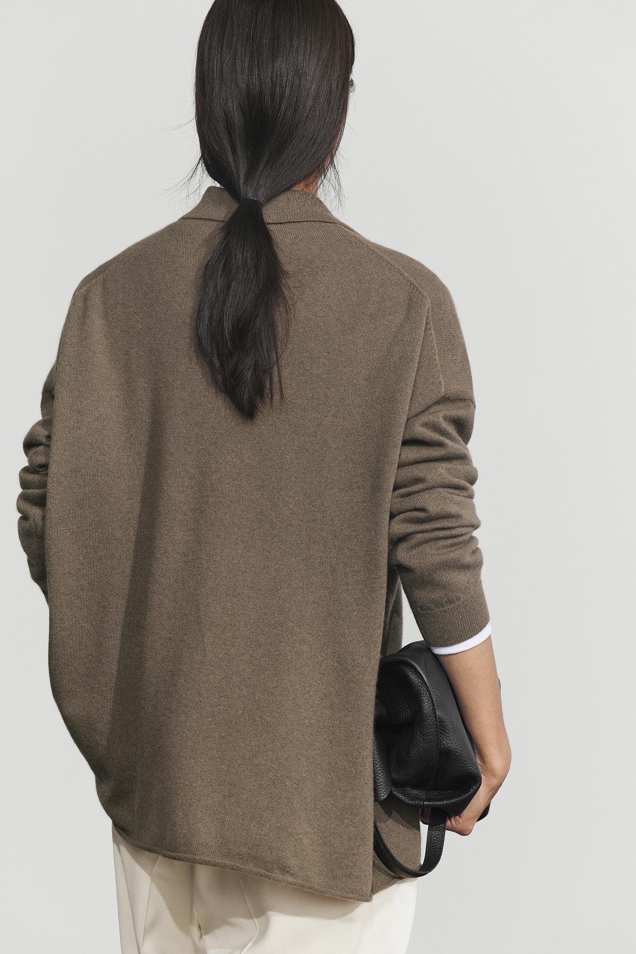 100% cashmere oversize polo collar sweater — GREEN MARL
